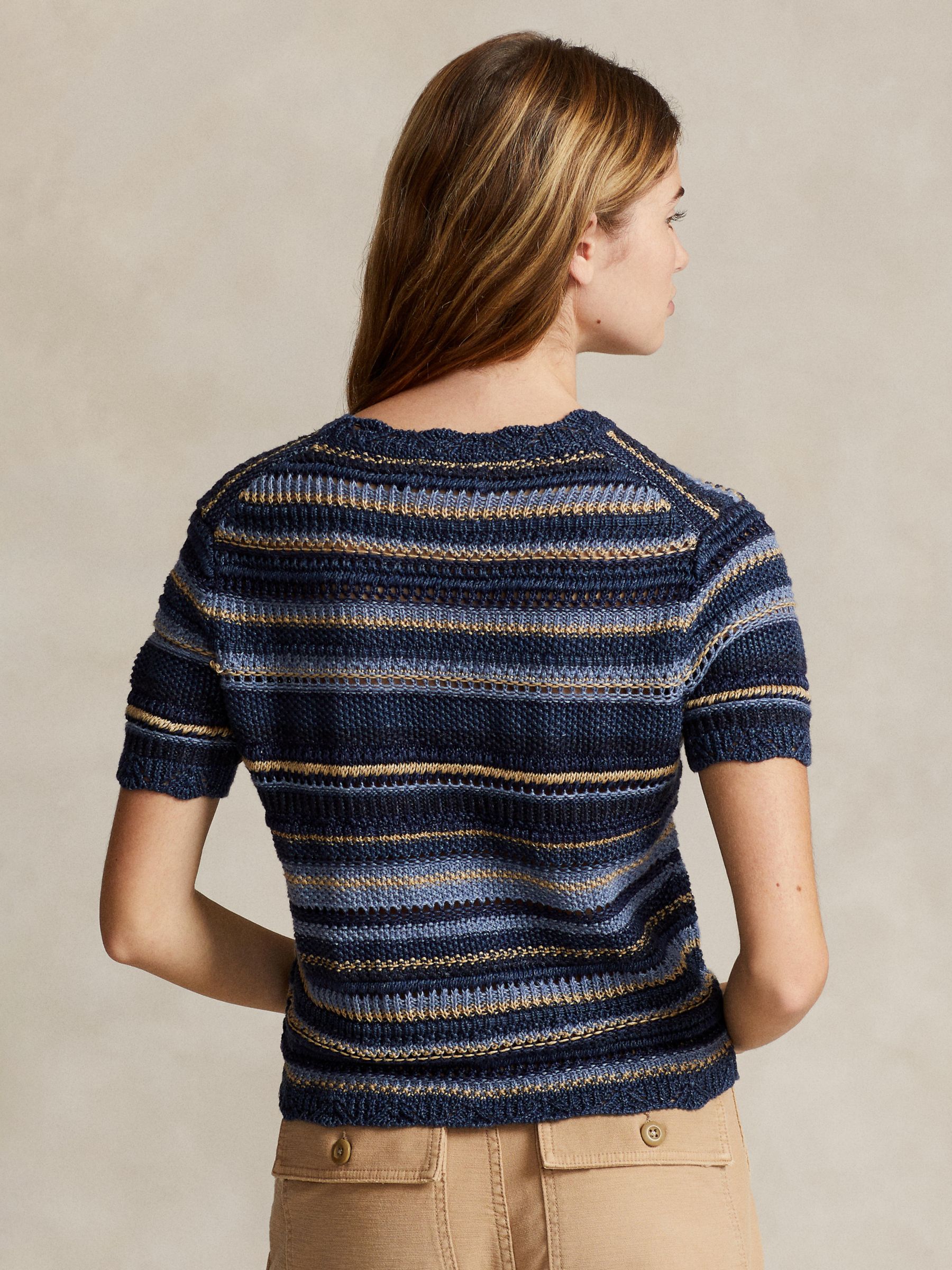 Polo Ralph Lauren Stripe Crochet Knit Top, Blue/Multi, S