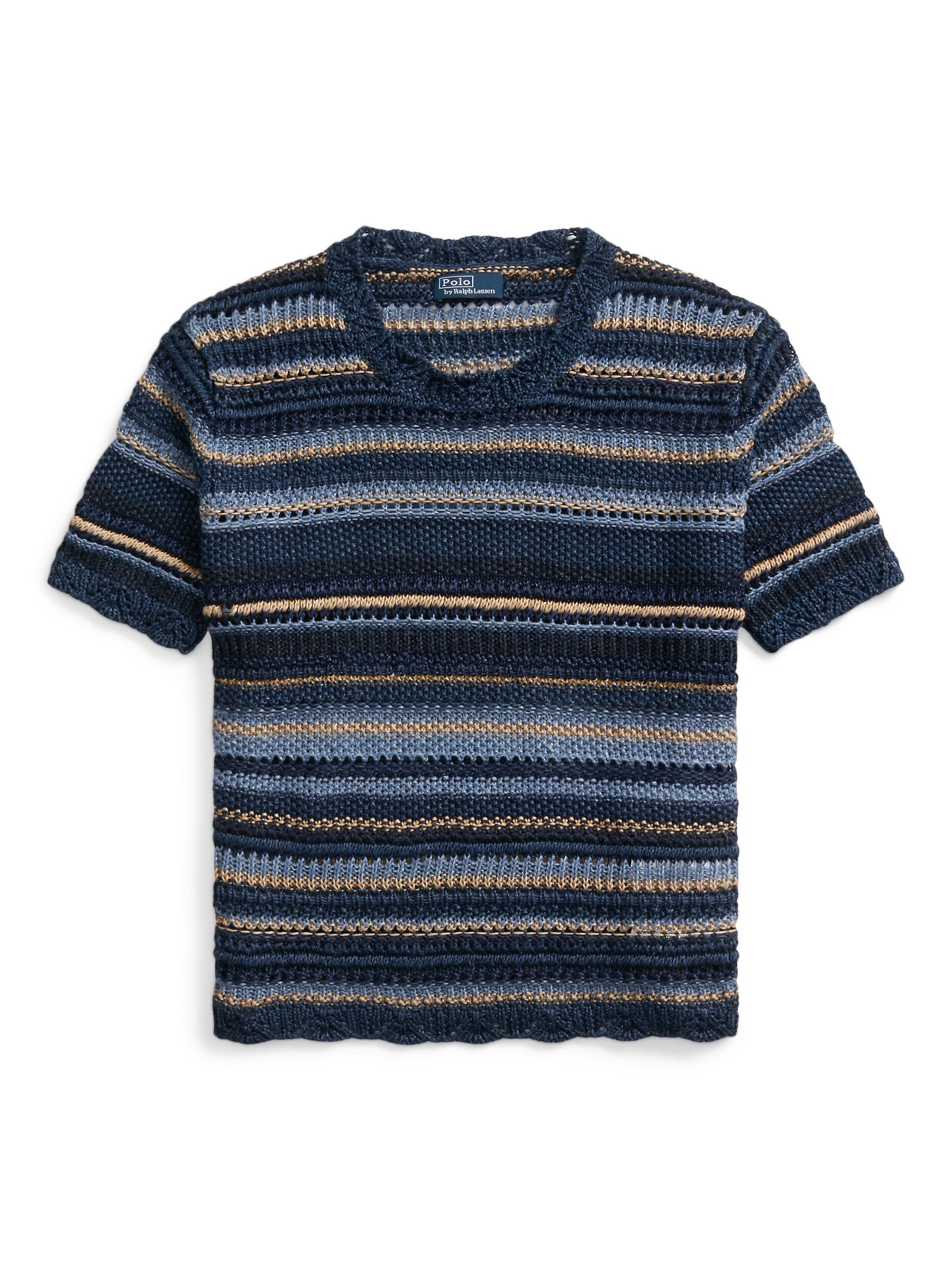 Polo Ralph Lauren Stripe Crochet Knit Top, Blue/Multi, S