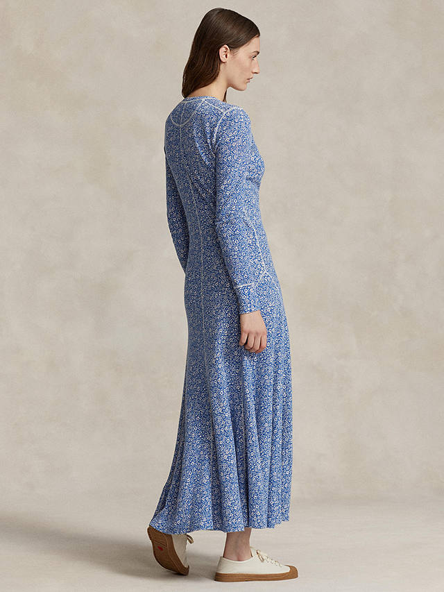 Polo Ralph Lauren Rowie Ditsy Floral Print Henley Maxi Dress, Light Blue