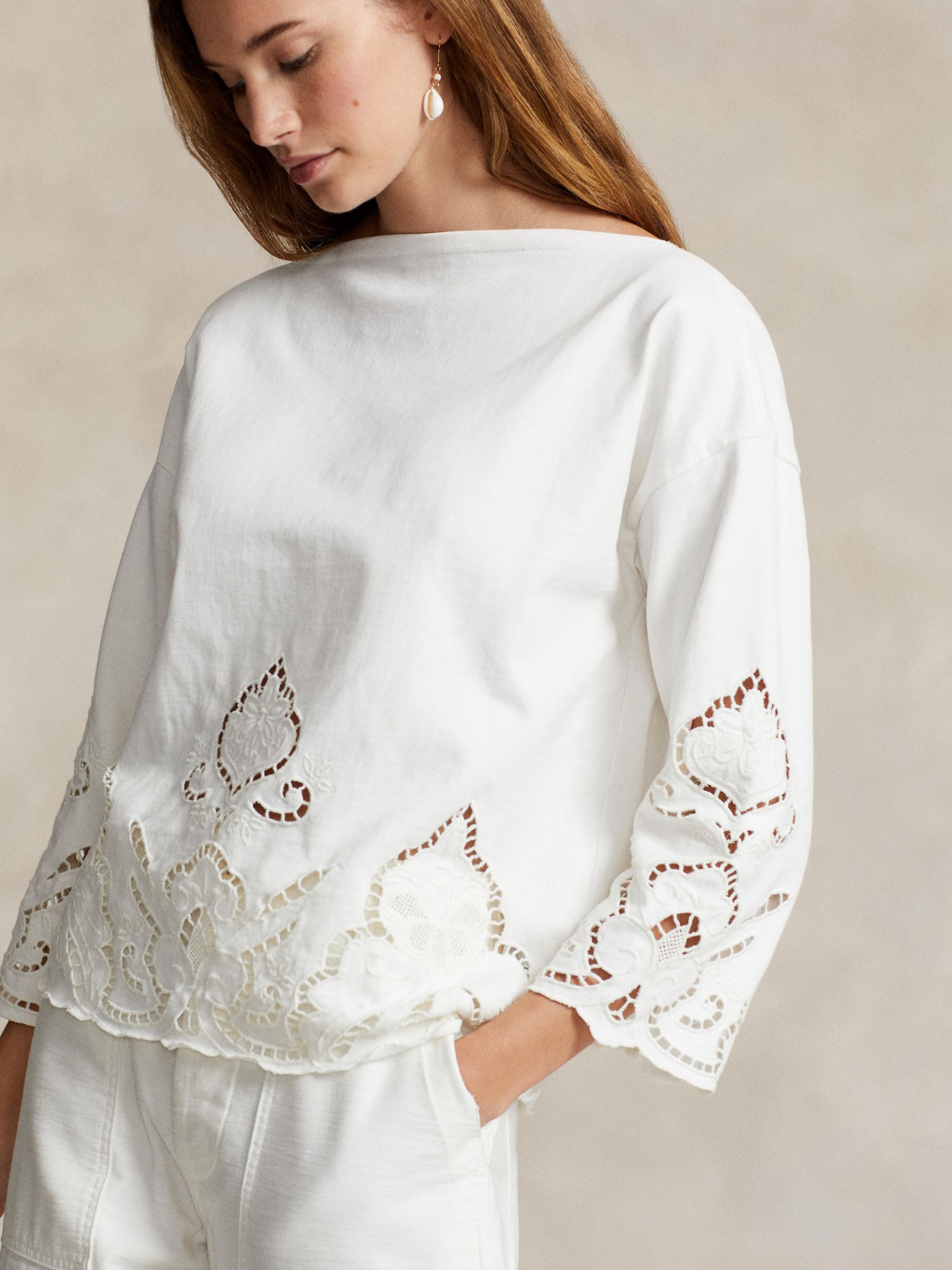 Polo Ralph Lauren Eyelet Detail Top, Natural at John Lewis & Partners