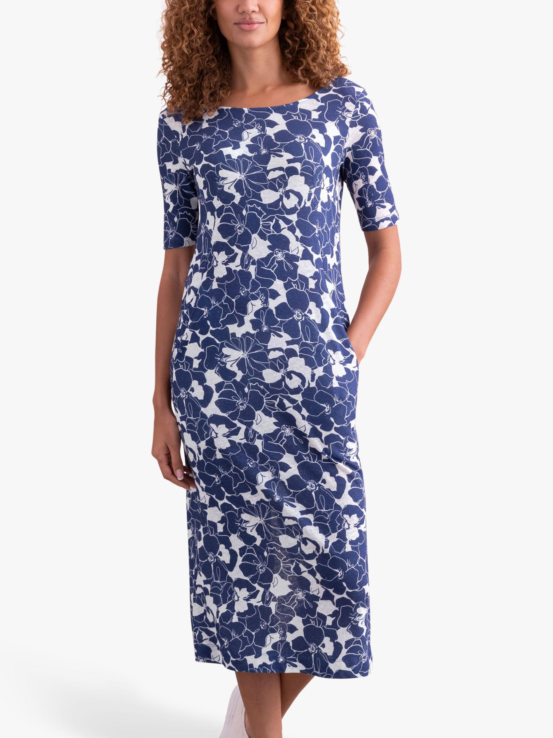 Celtic & Co. Organic Cotton Blend Button Back Dress, Blue Linear Floral, 18