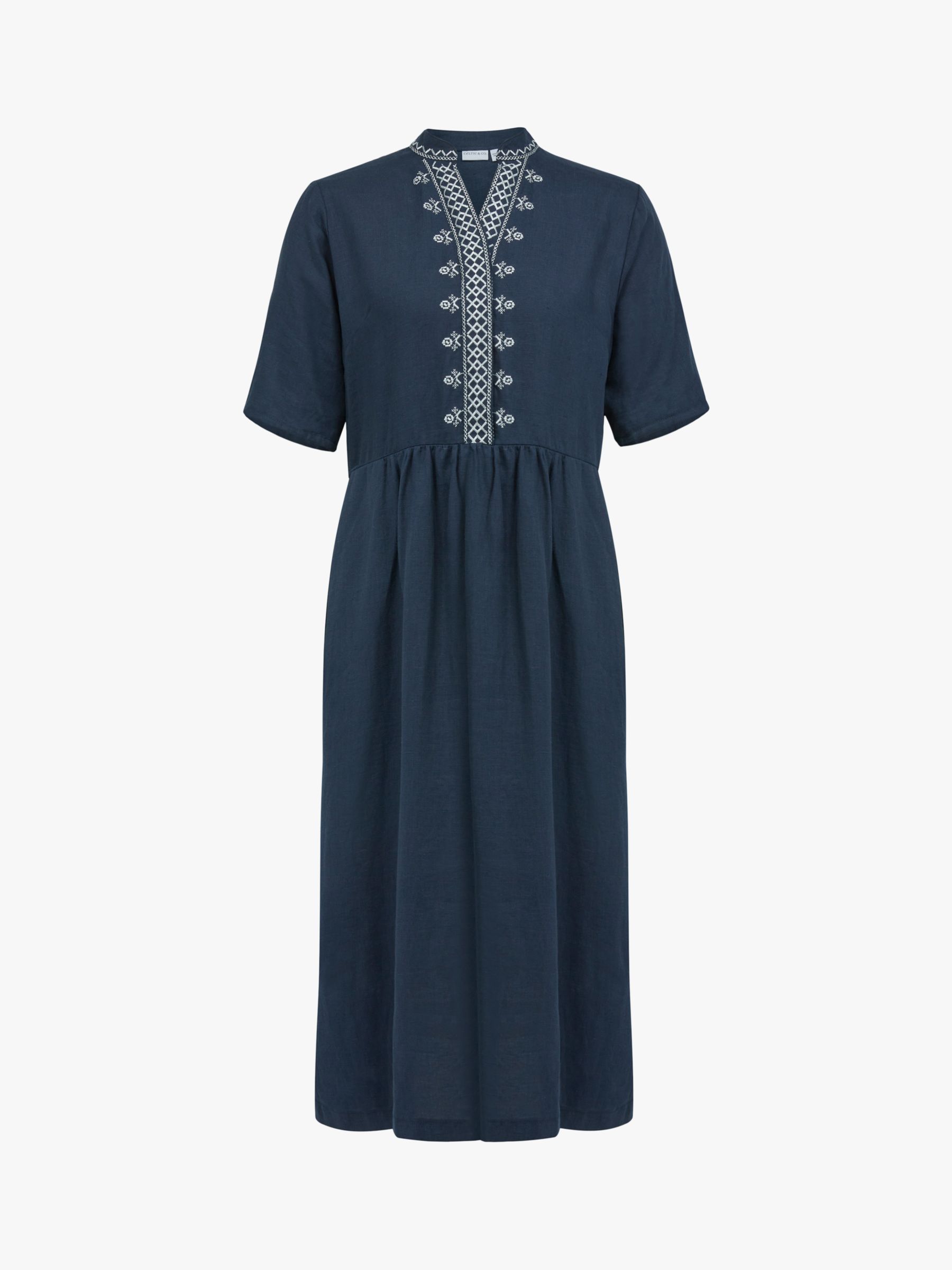 Celtic & Co. Embroidered Collar Linen Midi Dress, Dark Navy, 8