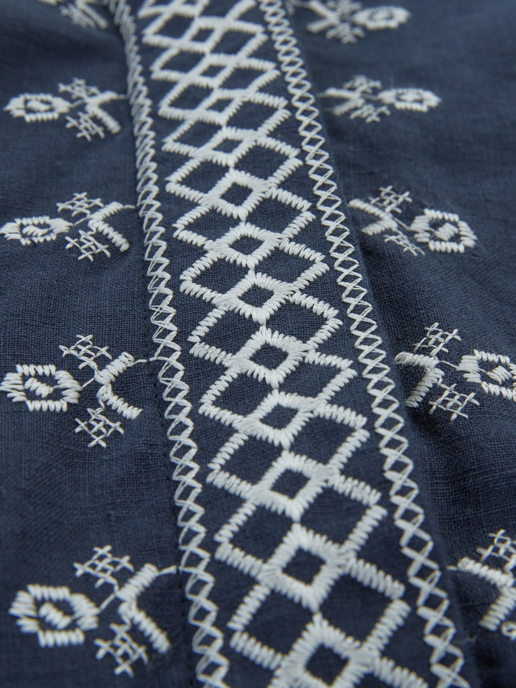 Celtic & Co. Embroidered Collar Linen Midi Dress, Dark Navy, 8