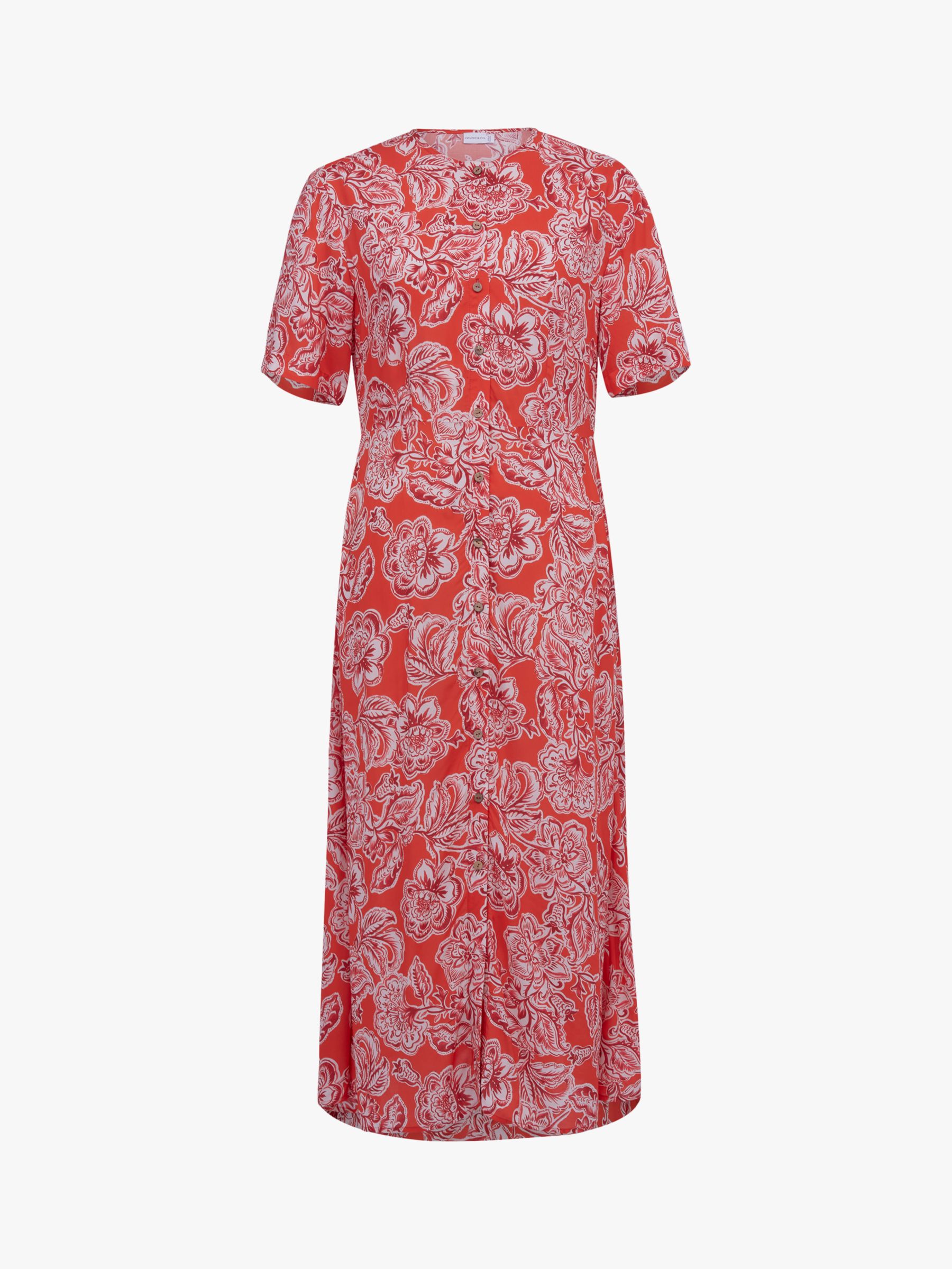 Celtic & Co. Short Sleeve Ecovero Button Through Midi Dress, Chilli Floral, 8