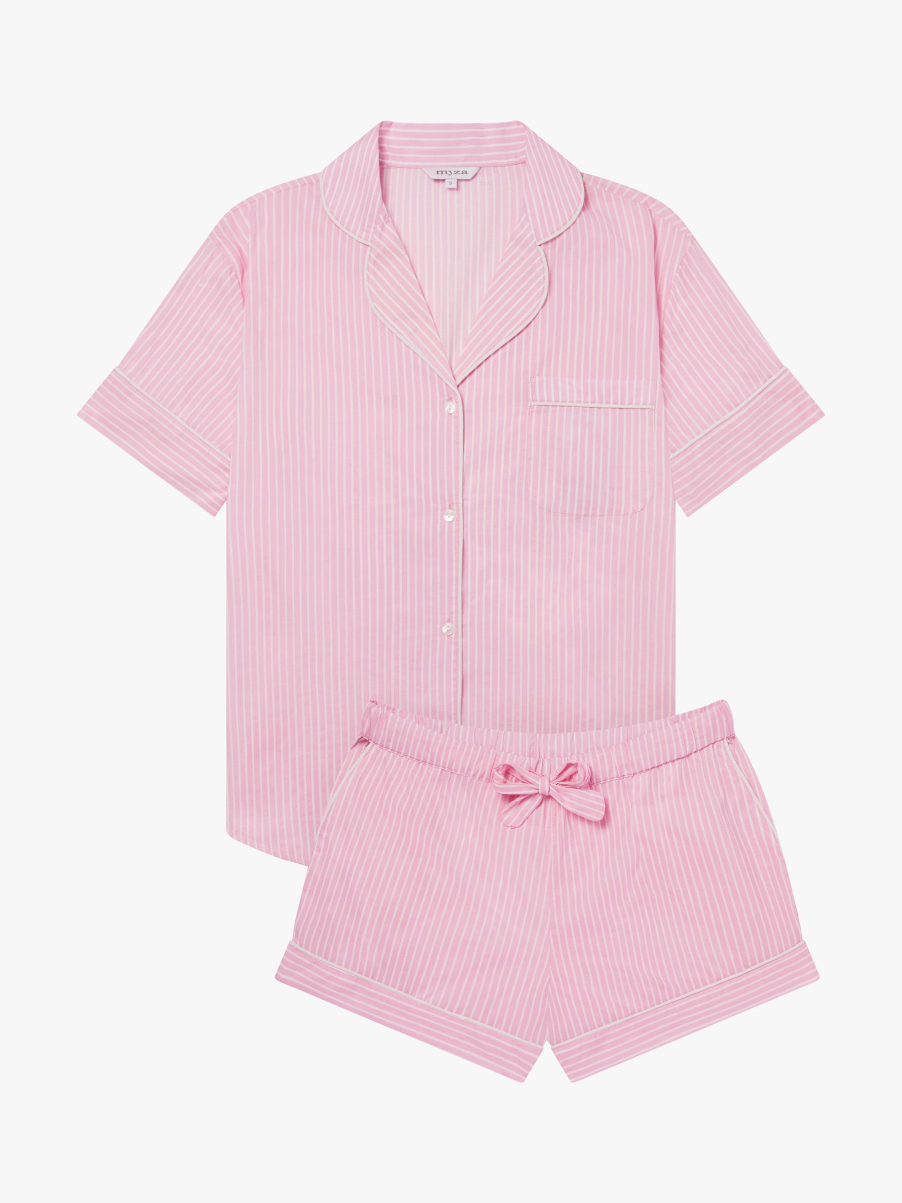 myza Organic Cotton Striped Short Sleeve Pyjama Set, Pink/White, XS
