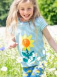 Frugi Kids' Organic Cotton Camille Sunflower Applique T-Shirt, Beluga Blue/Echinacea, Beluga Blue/Echinacea