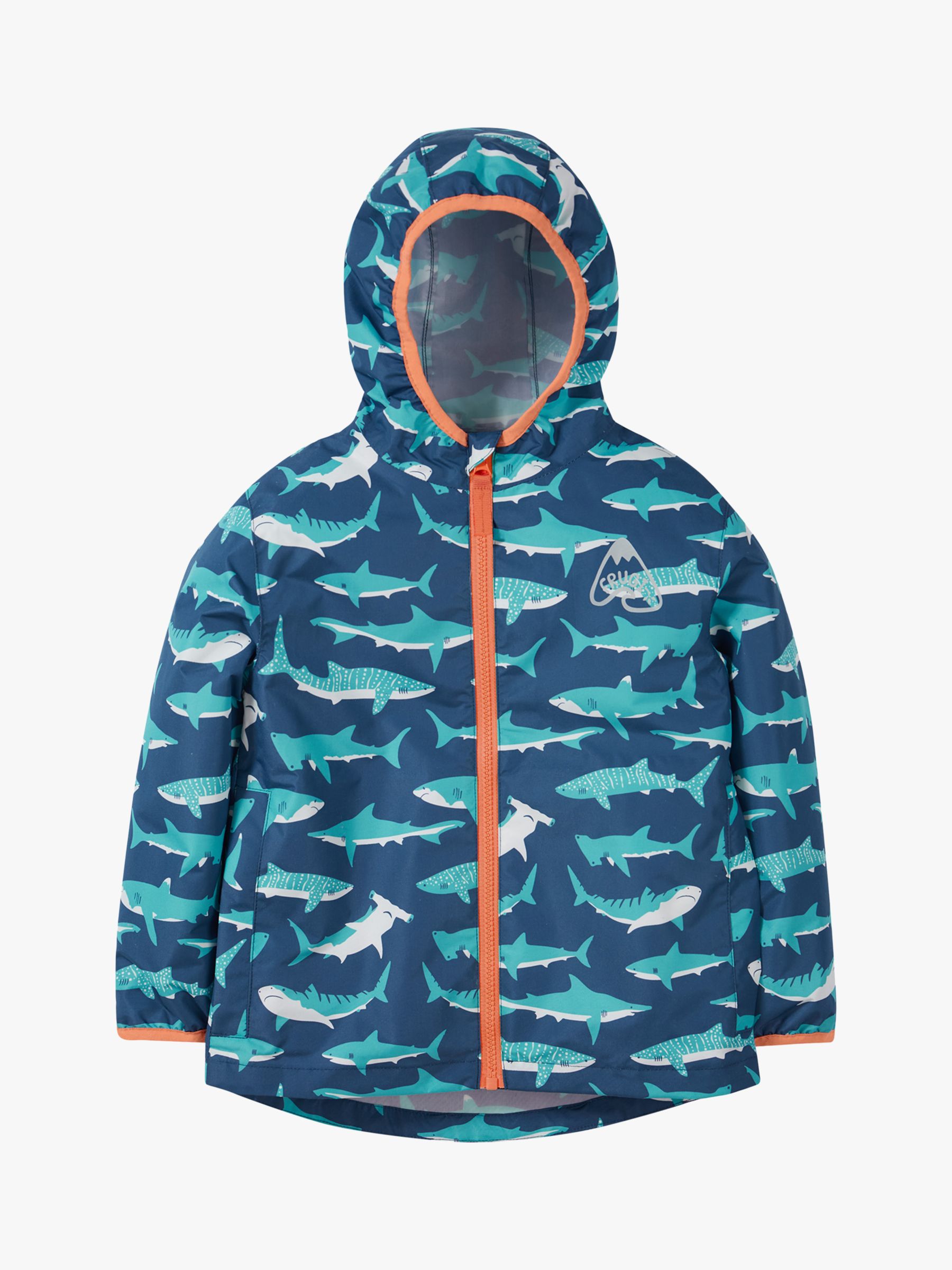 Frugi Kids' Rain Or Shine Waterproof Hooded Jacket, Tropical Sea Sharks, 2-3 years