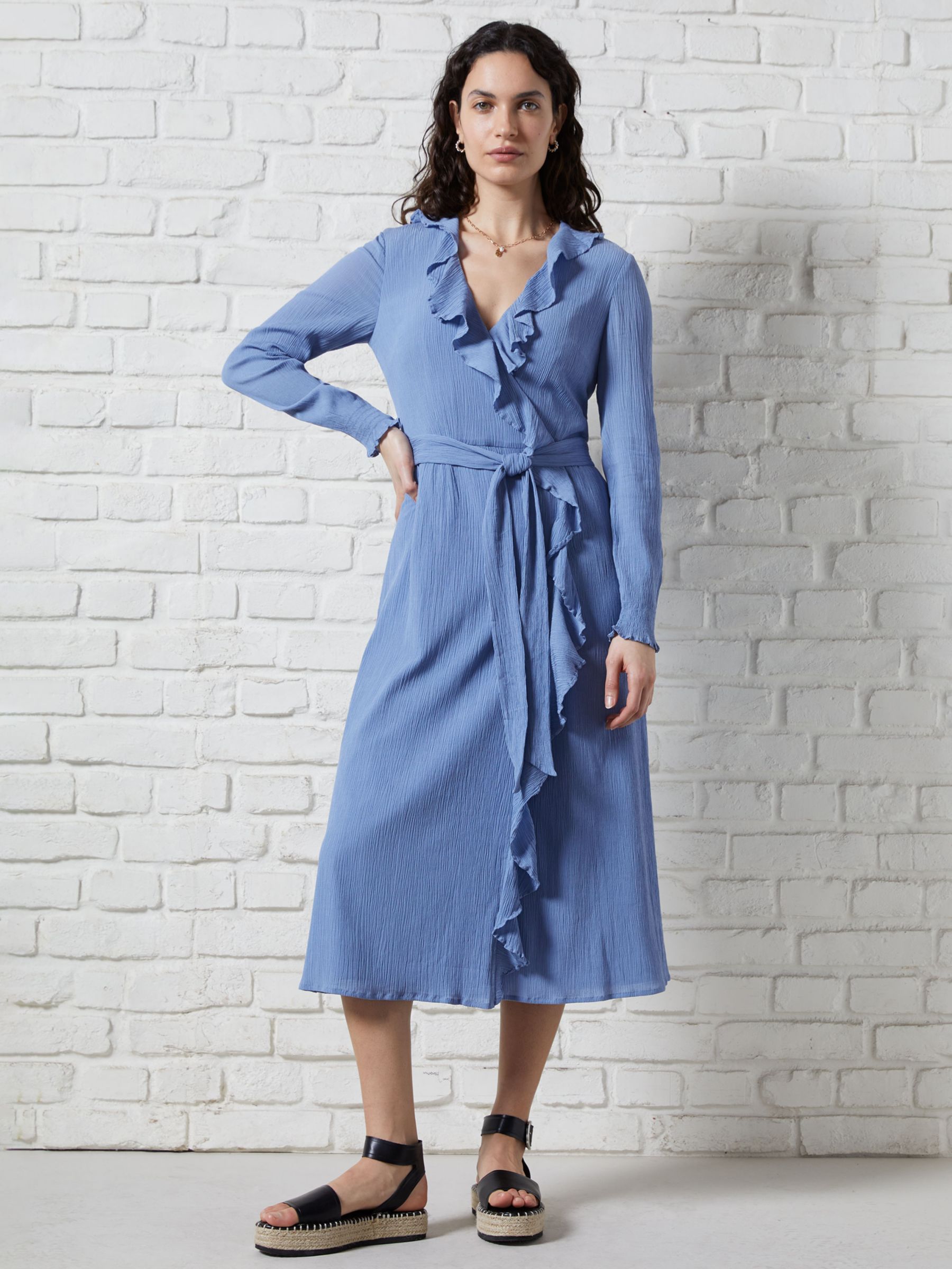Great Plains Textured Cotton Blend Ruffle Wrap Maxi Dress, Lake Blue, 6