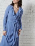 Great Plains Textured Cotton Blend Ruffle Wrap Maxi Dress, Lake Blue