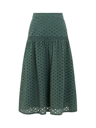 Great Plains Atol Embroidery Midi Skirt, Tropical Green