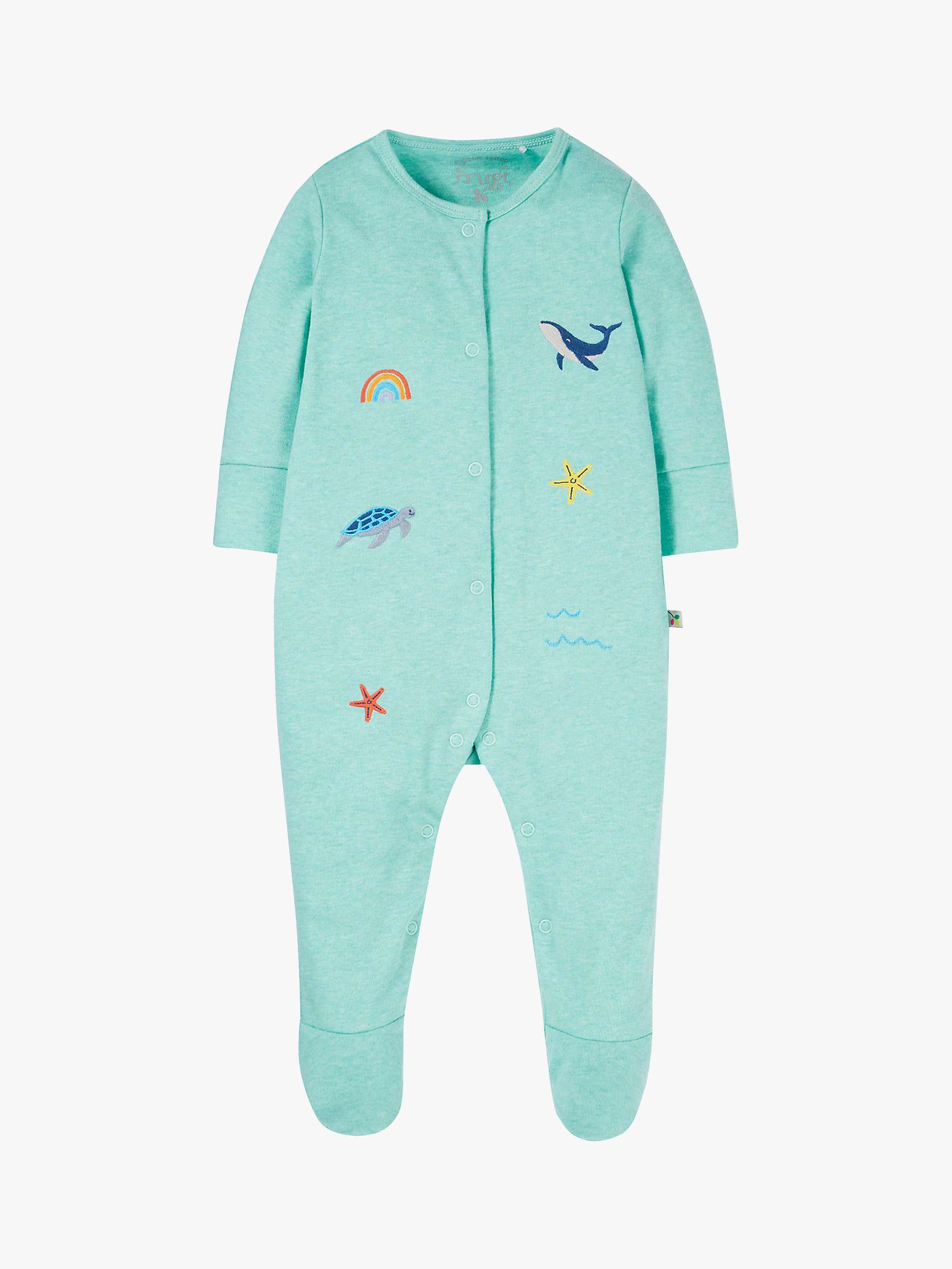 Buy Frugi Baby Organic Cotton Lovely Embroidered Babygrow, Mint Marl/Rainbow Sea Online at johnlewis.com