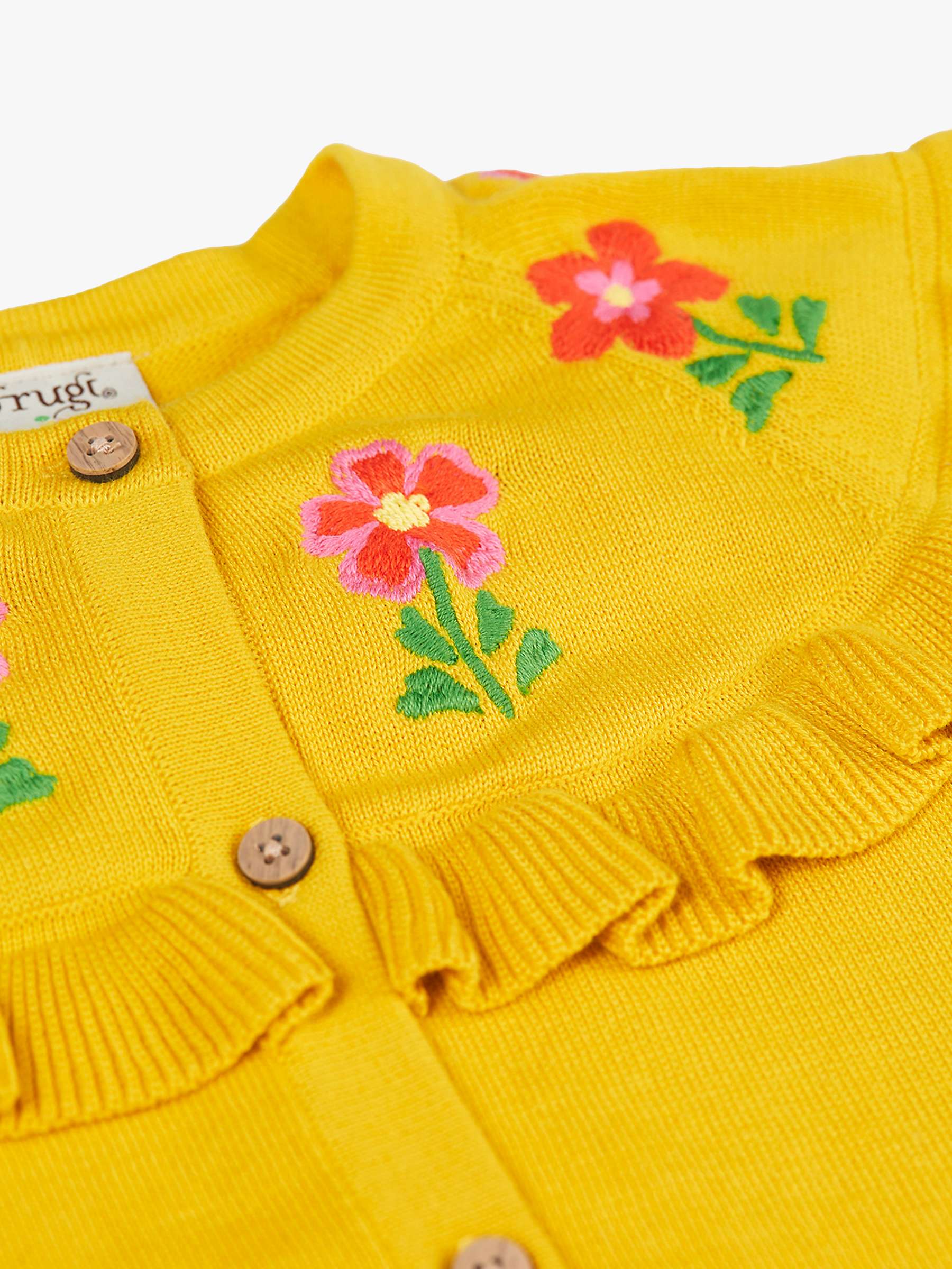Buy Frugi Baby Organic Cotton Little Romi Ruffle Cardigan, Dandelion/Flowers Online at johnlewis.com