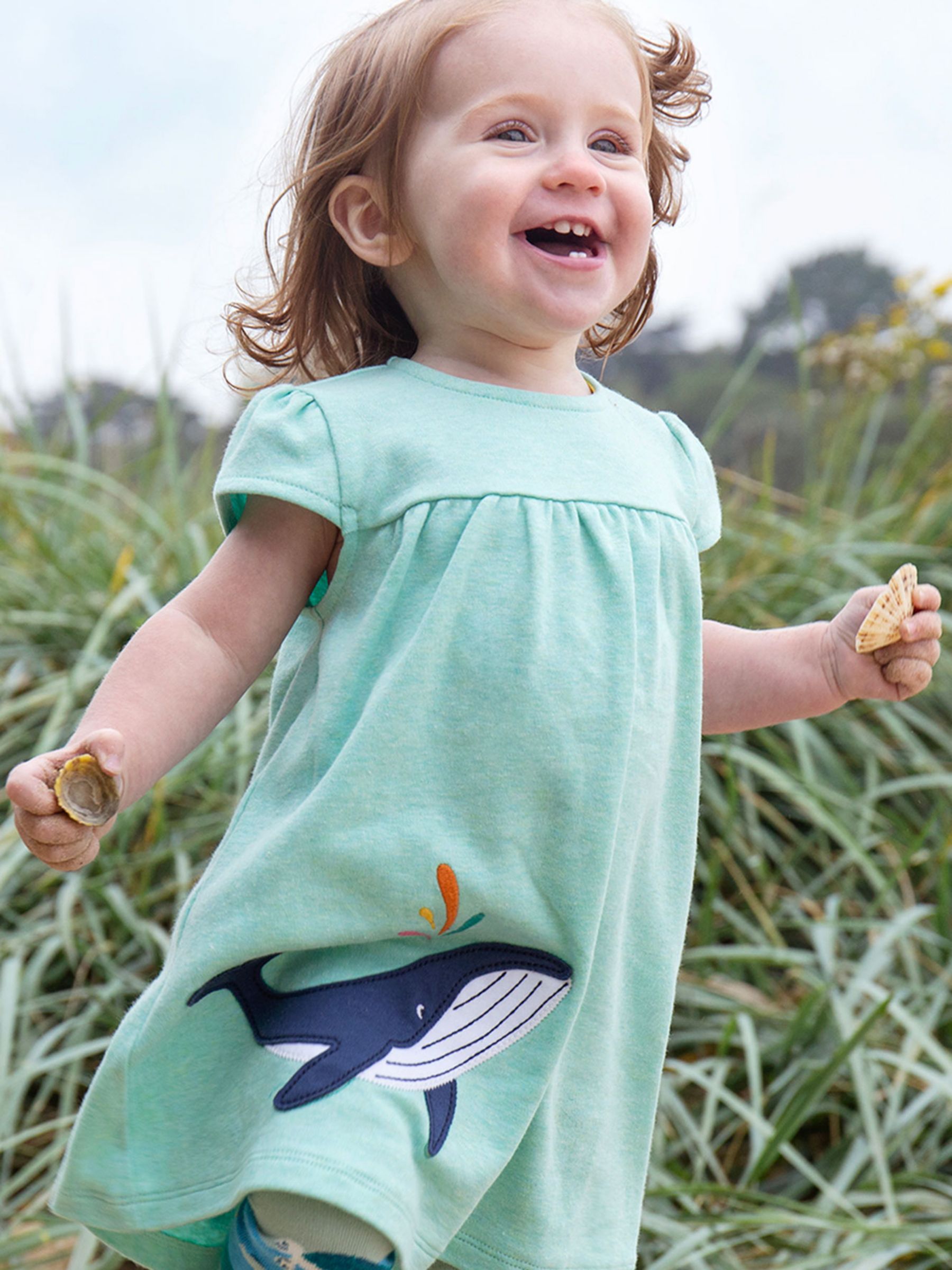 Frugi Baby Organic Cotton Little Layla Applique Dress, Spring Mint Marl/Whale, 0-3 months