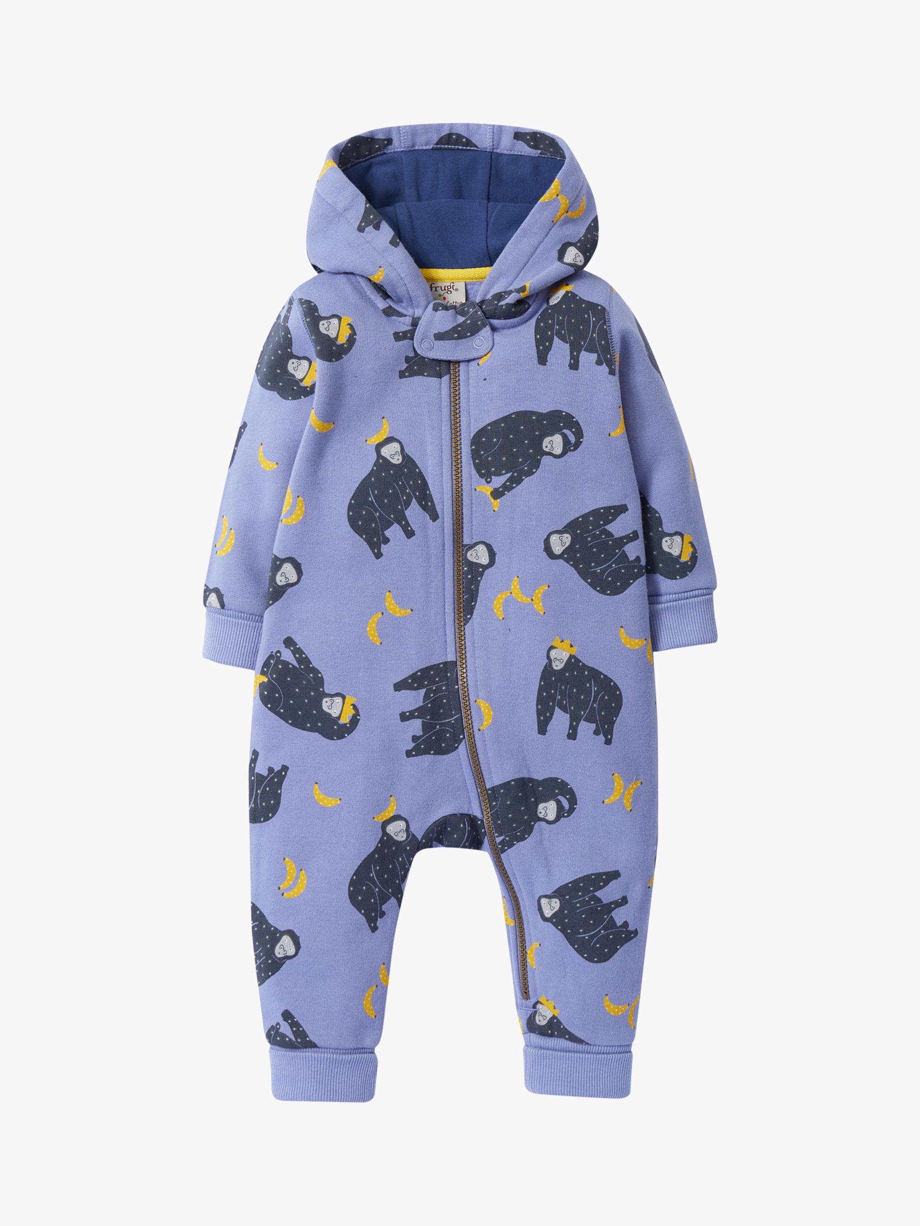 Frugi Baby Organic Cotton Print Hooded Snuggle Suit, Monkeying Around, 0-3 months