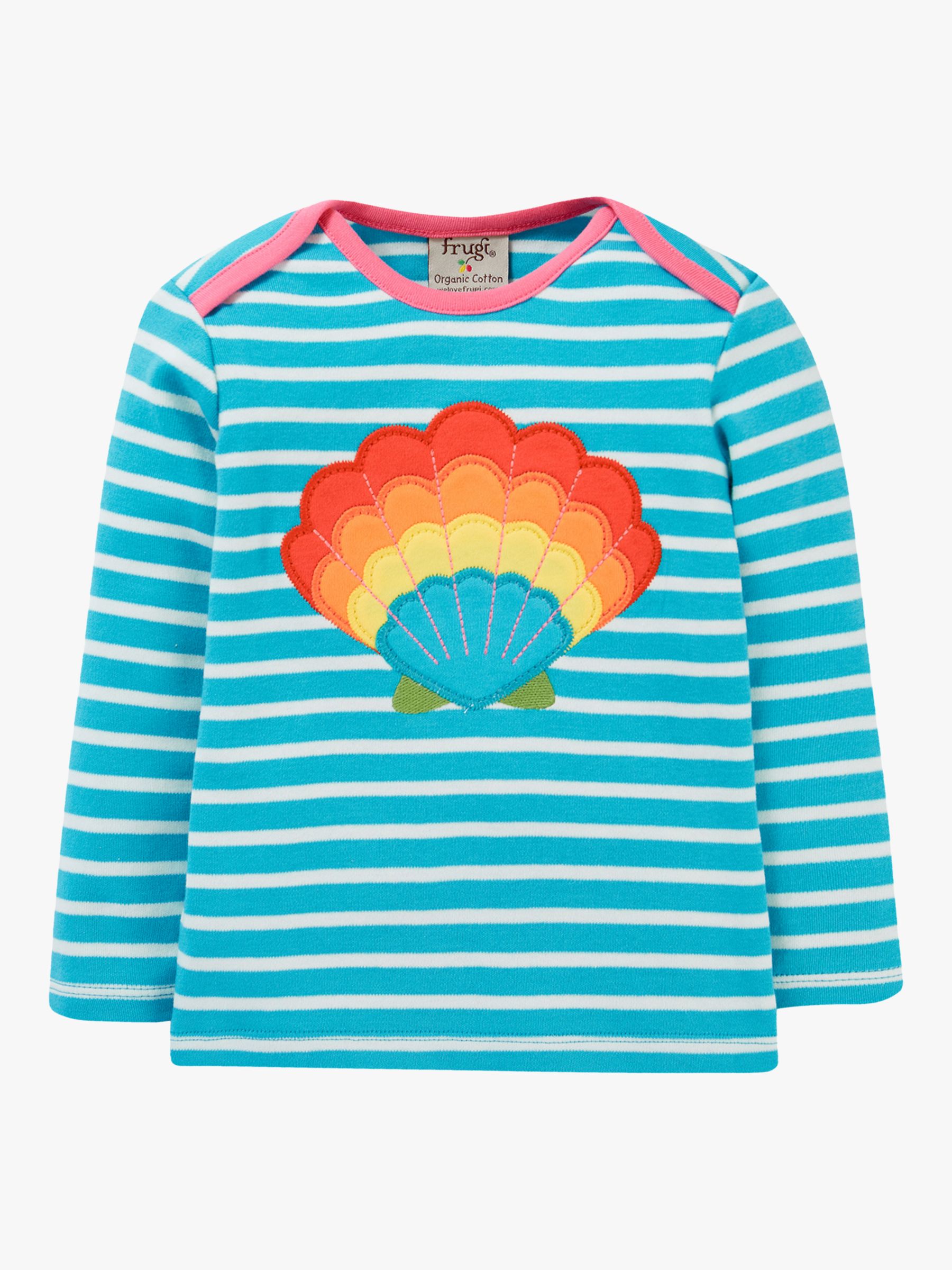 Frugi Baby Organic Cotton Bobby Shell Applique Stripe Top, Tropical Sea, 6-9 months