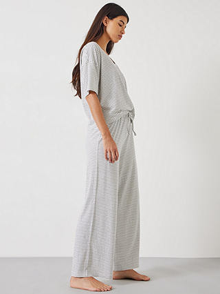 HUSH Ezra Stripe Linen Blend Jersey Pyjamas, Ecru/Navy
