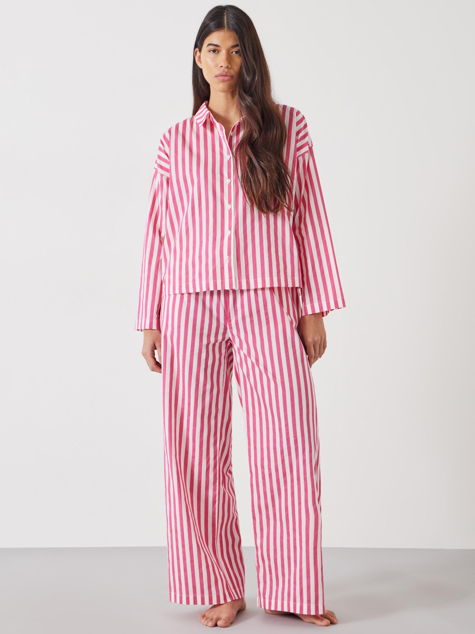 HUSH Emerson Boxy Fit Stripe Shirt Pyjamas, Fluorescent Pink/White at ...
