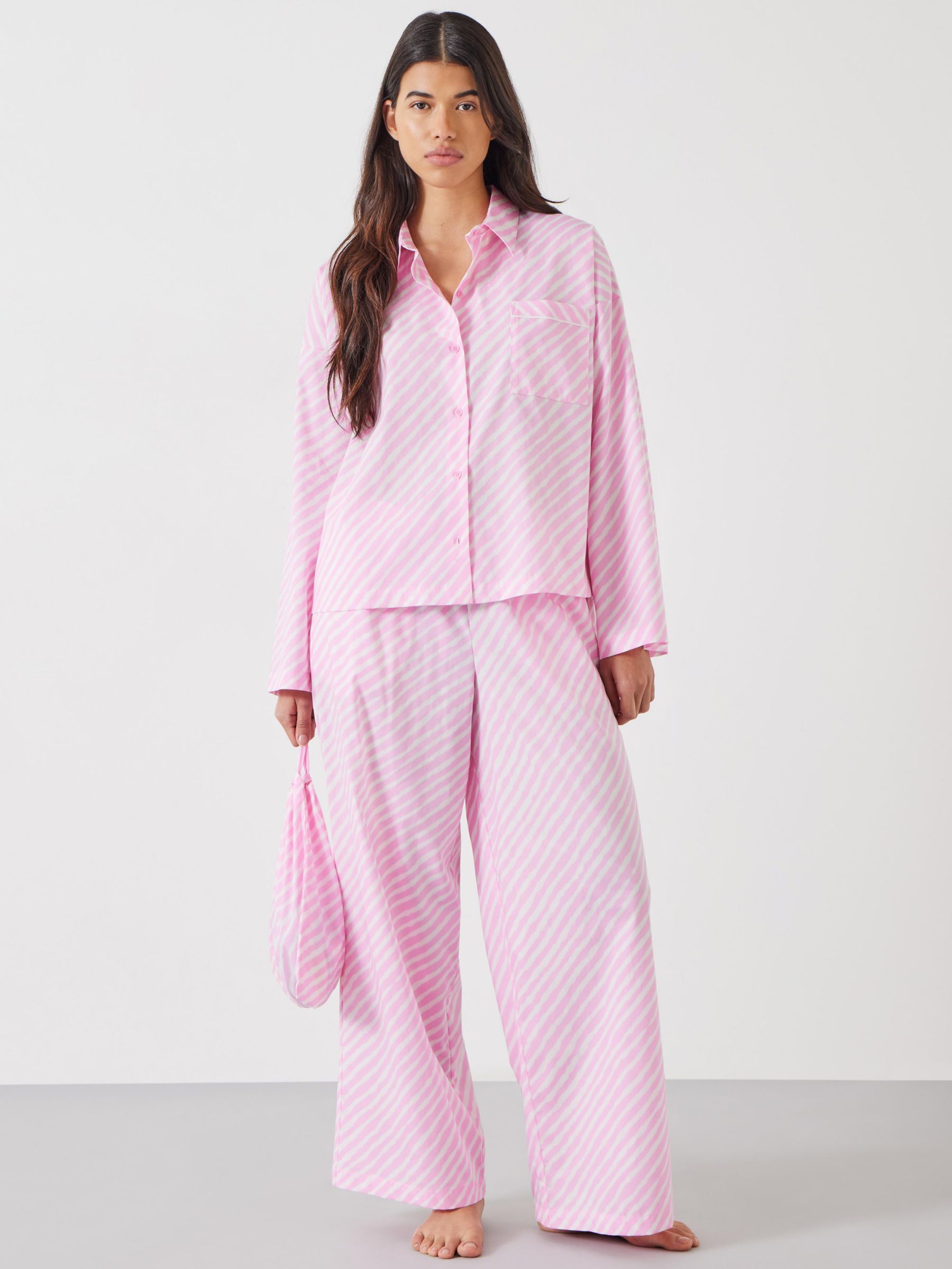HUSH Kirby Diagonal Stripe Wide Leg Cotton Pyjamas, Pink at John Lewis ...