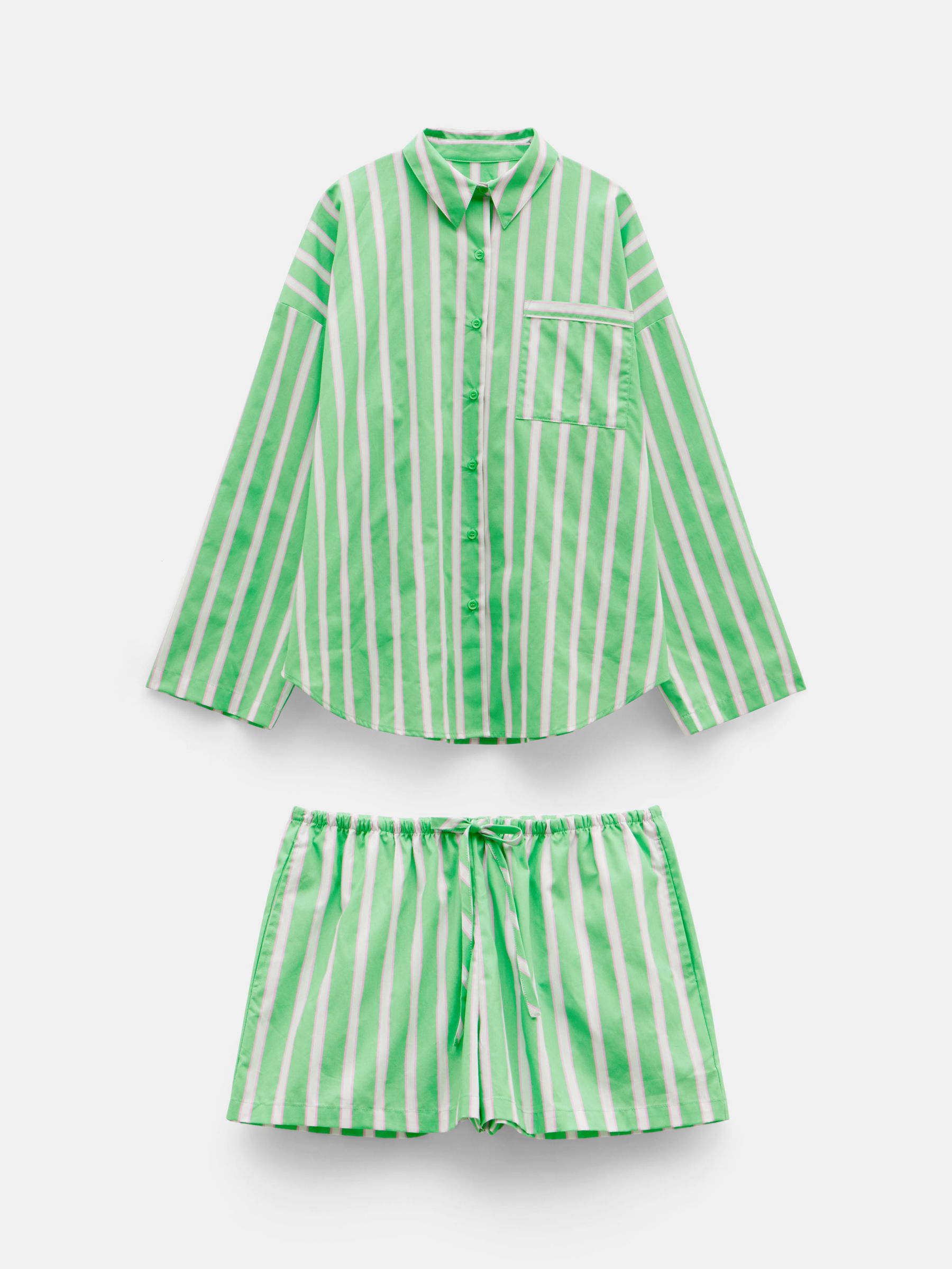 HUSH Adair Oversized Shirt and Shorts Pyjama Set, Green/Pink, M