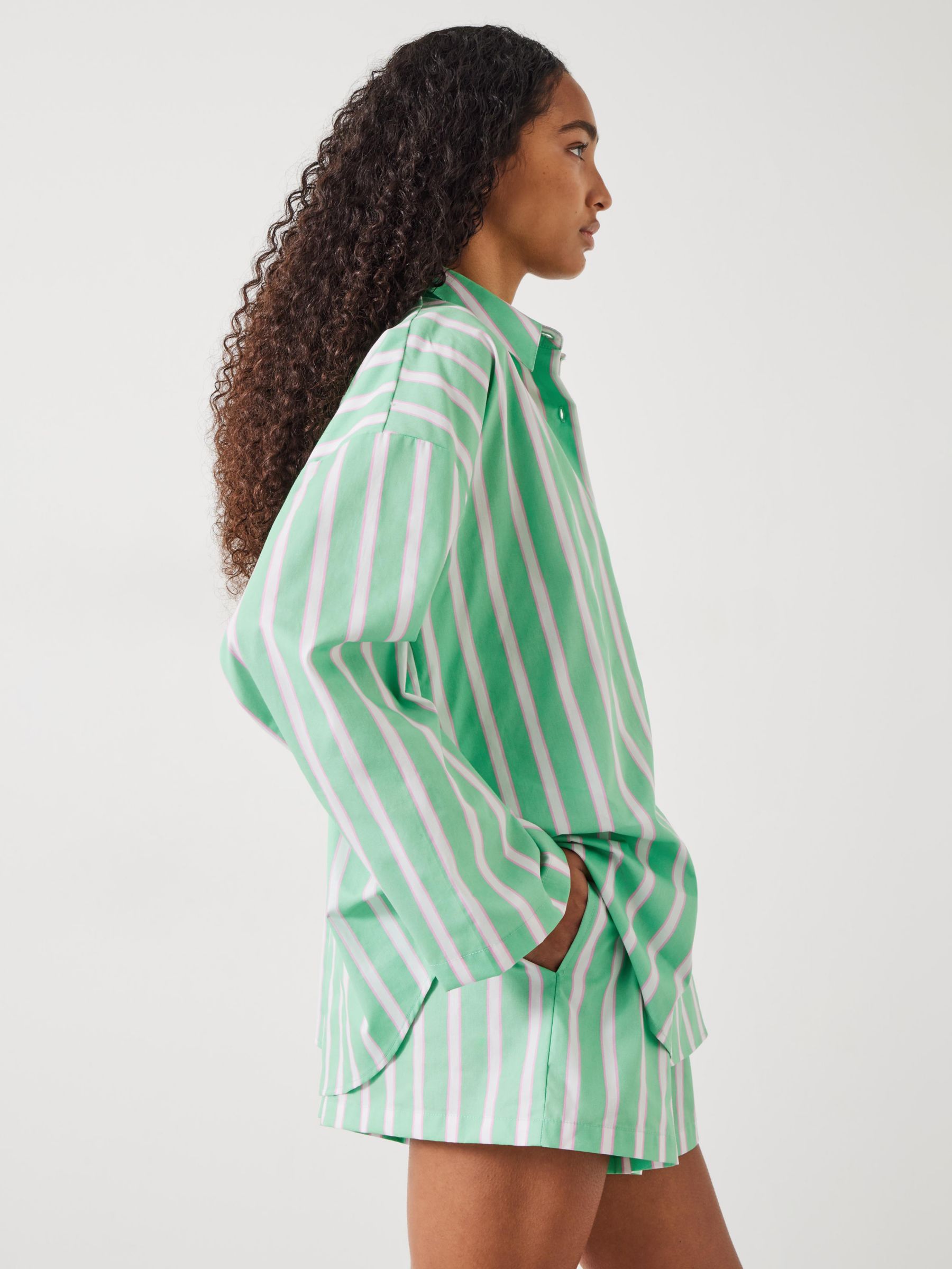 HUSH Adair Oversized Shirt and Shorts Pyjama Set, Green/Pink, M