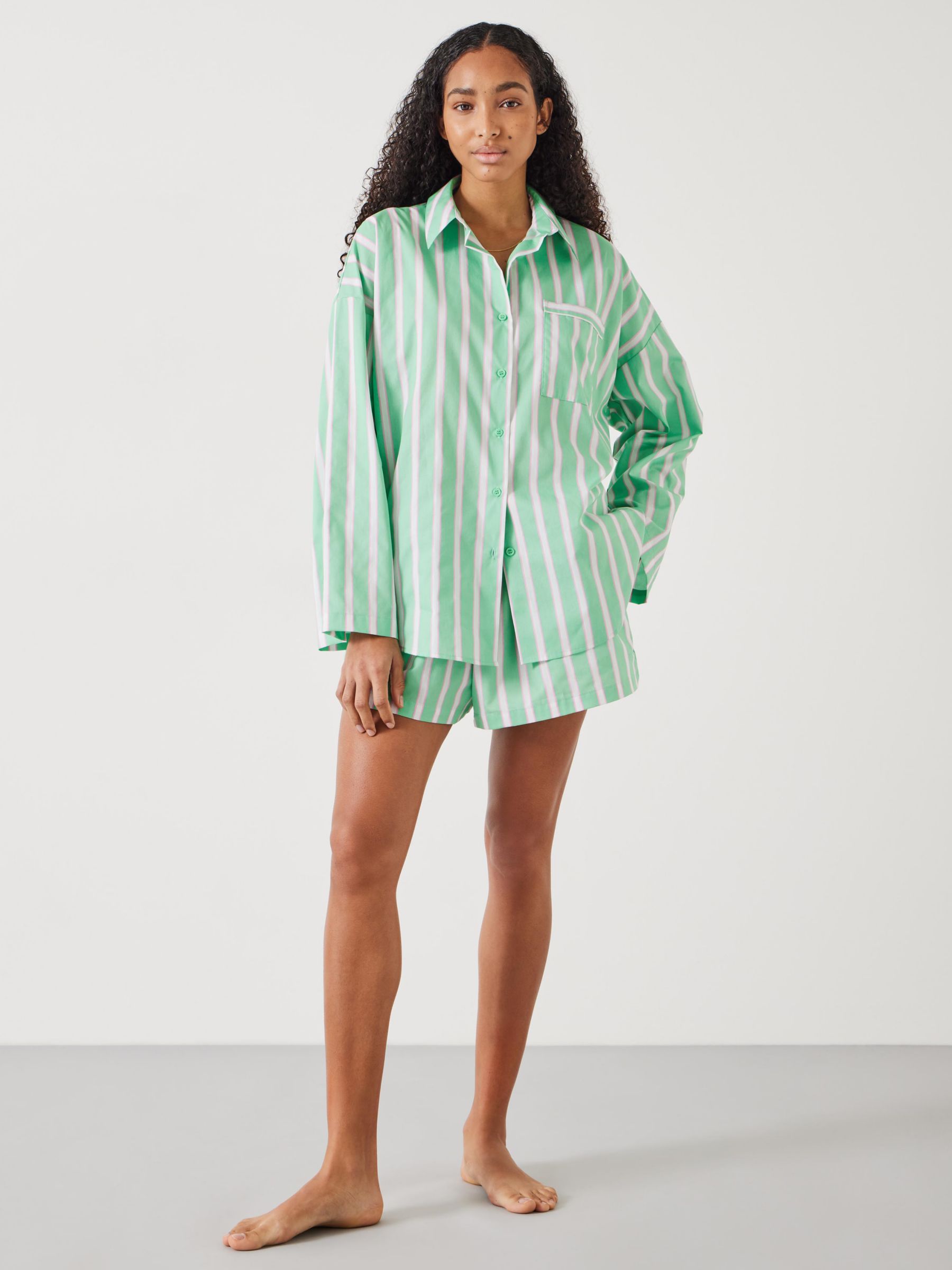 HUSH Adair Oversized Shirt and Shorts Pyjama Set, Green/Pink, M