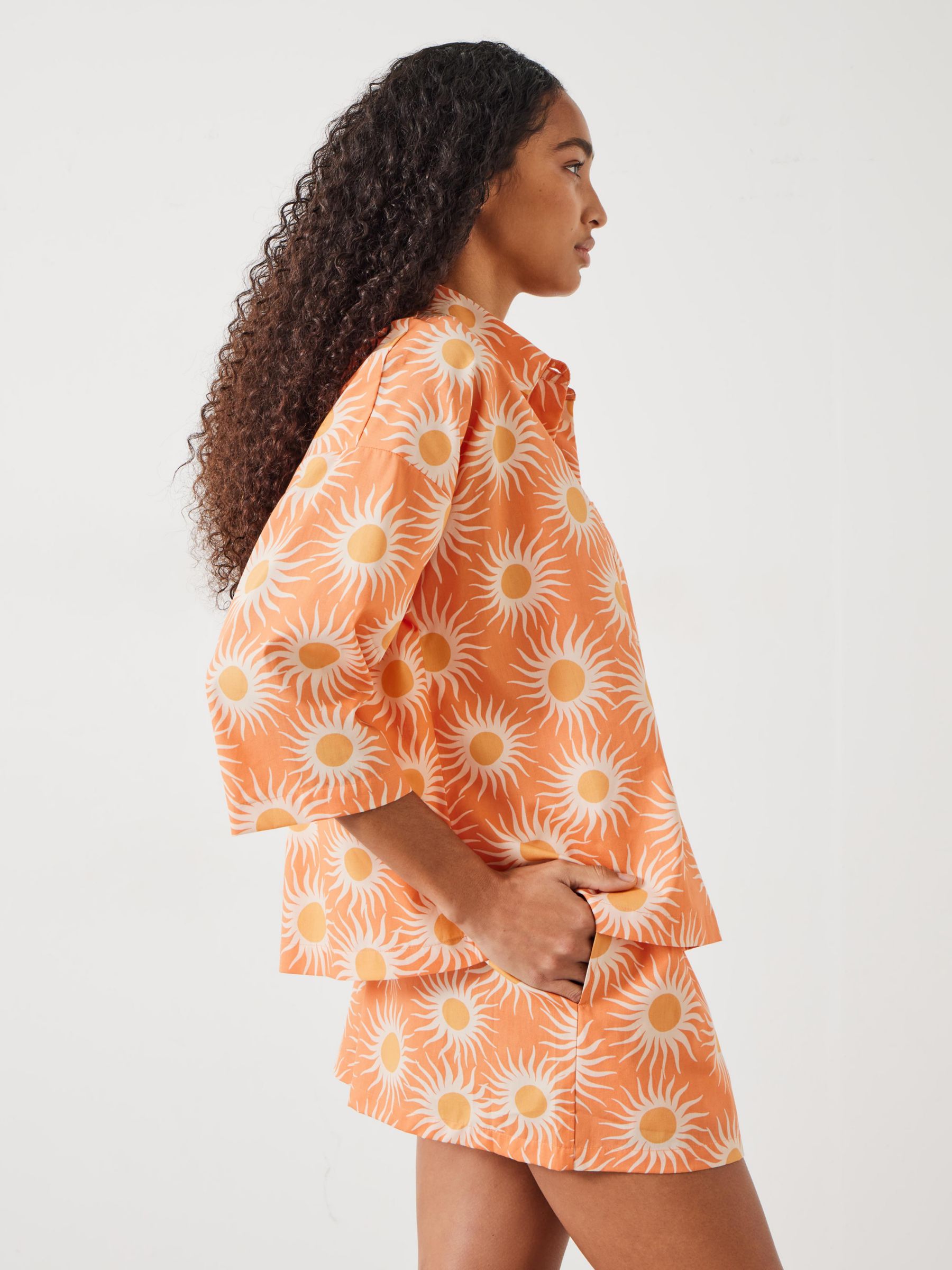 HUSH Jaylin Boxy Fit Sunrays Print Shirt and Shorts Pyjamas, Orange, L