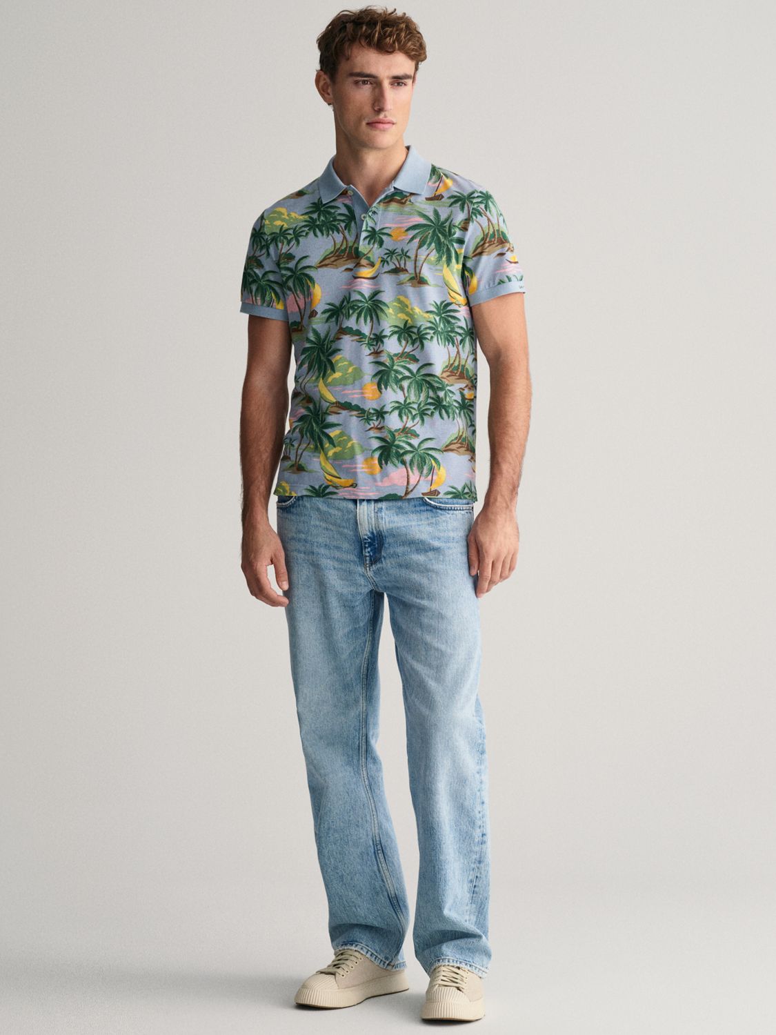 GANT Hawai Print Short Sleeve Polo Shirt, Blue/Multi, S