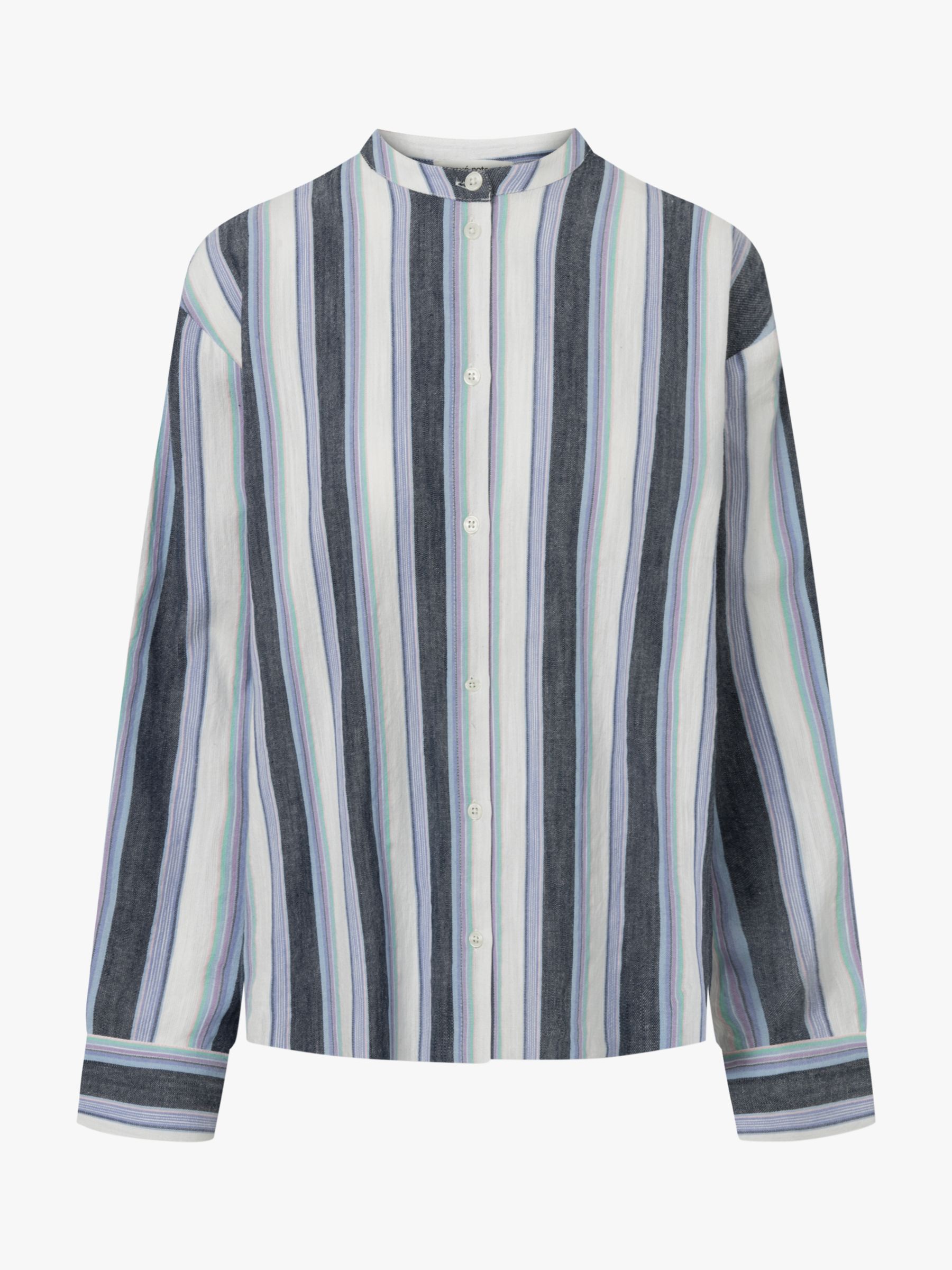 nué notes Florian Striped Cotton Collarless Shirt, Blue/Multi, 8