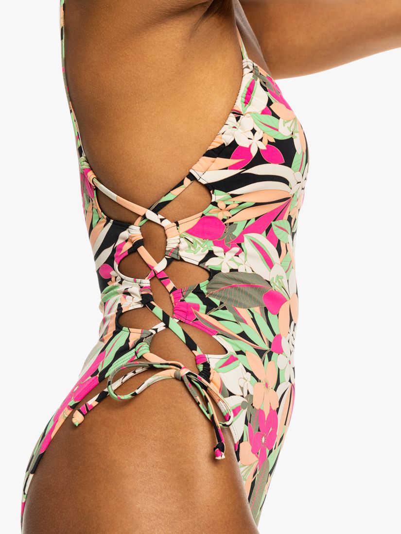 Roxy Palm Print Cross Stripe Detail Swimsuit, Anthracite/Multi, M