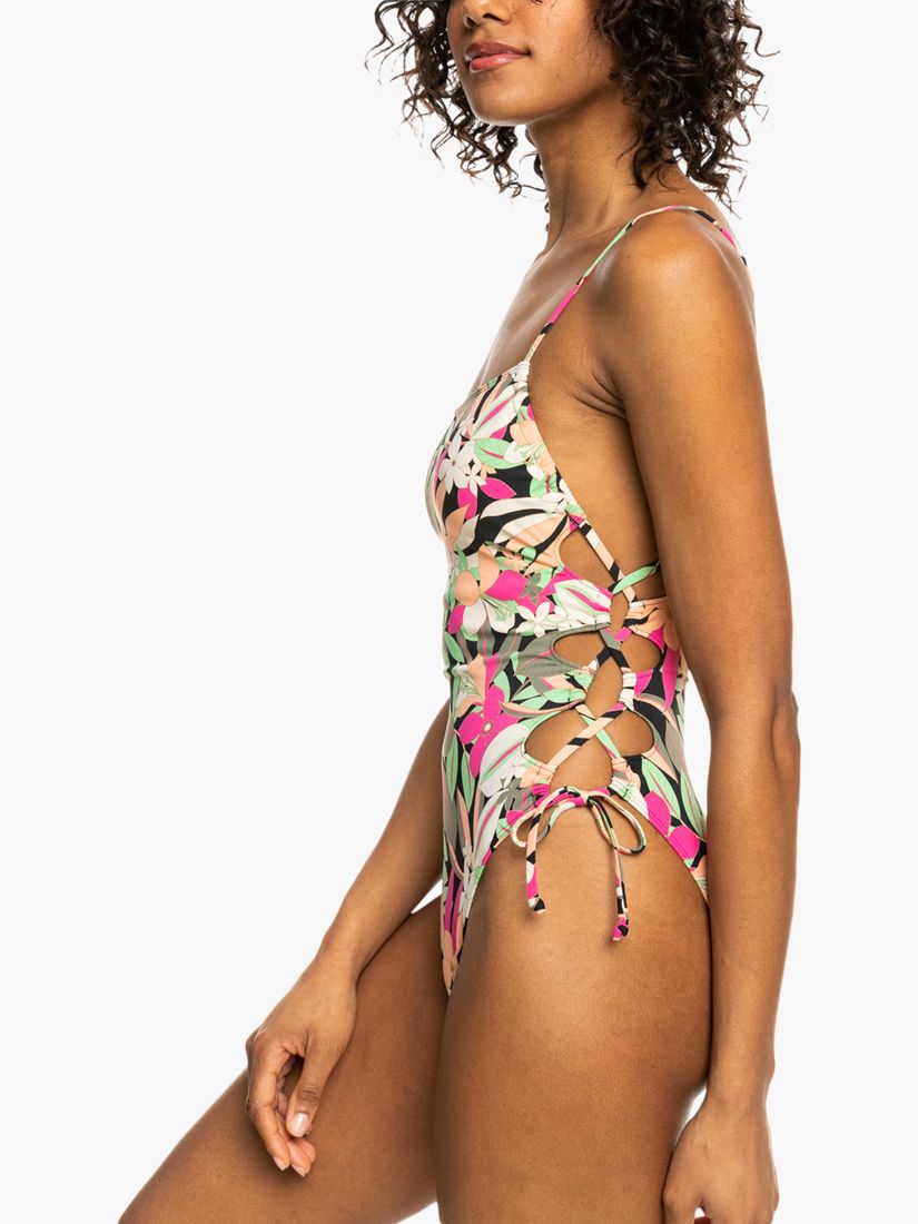 Roxy Palm Print Cross Stripe Detail Swimsuit, Anthracite/Multi, M