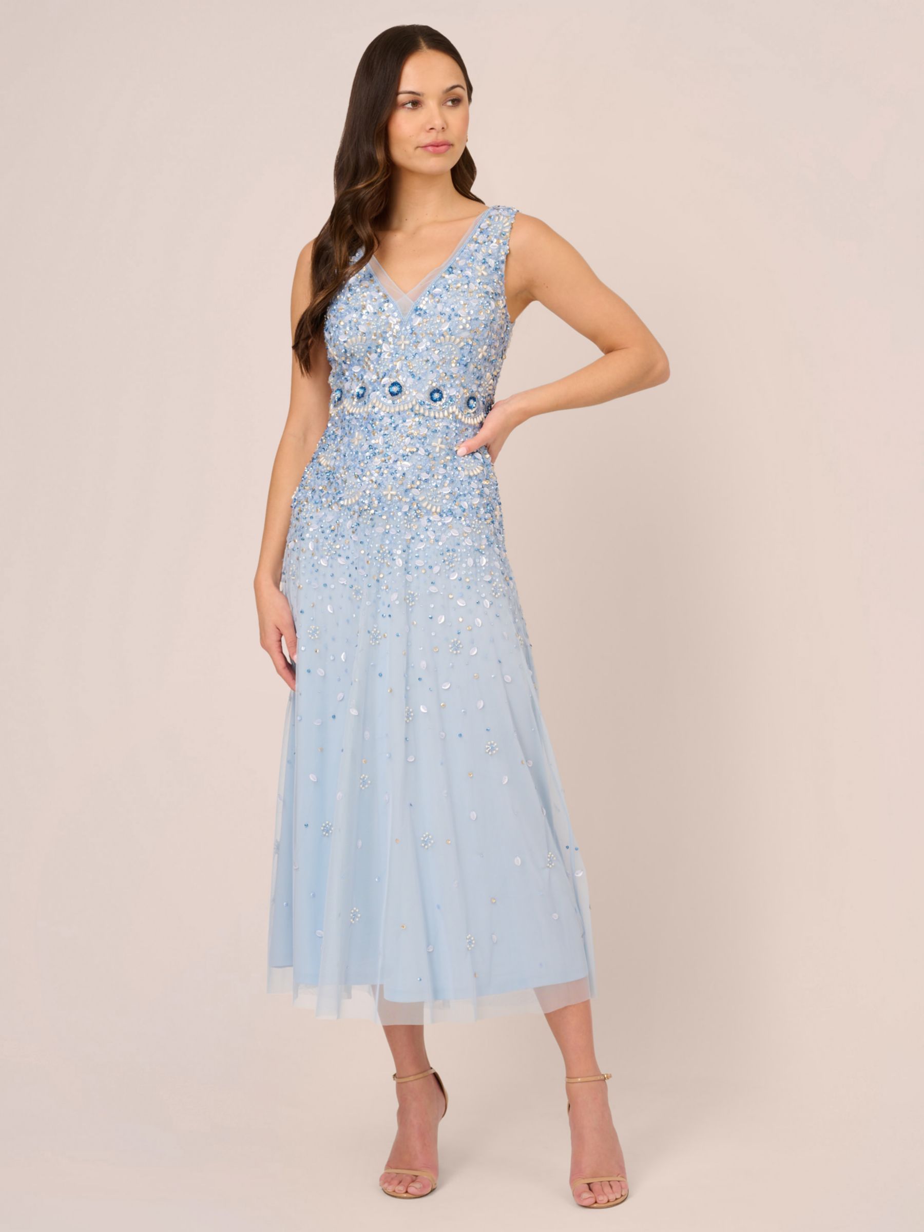 Adrianna Papell Beaded Mesh Dress, Elegant Sky, Elegant Sky, 8