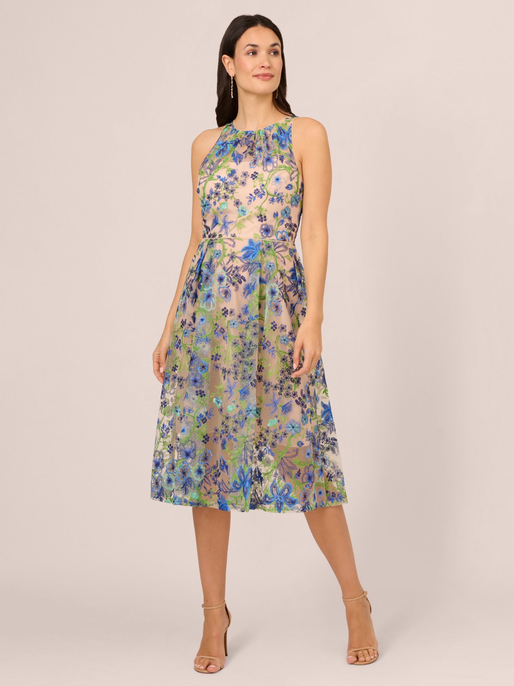 Adrianna Papell Embroidered Fit and Flare Dress Blue Multi