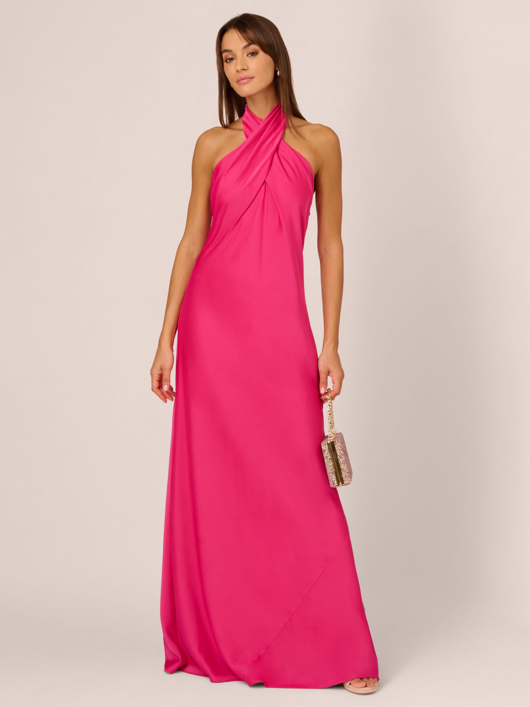 Adrianna by Adrianna Papell Halterneck Stretch Satin Maxi Dress Hot Pink