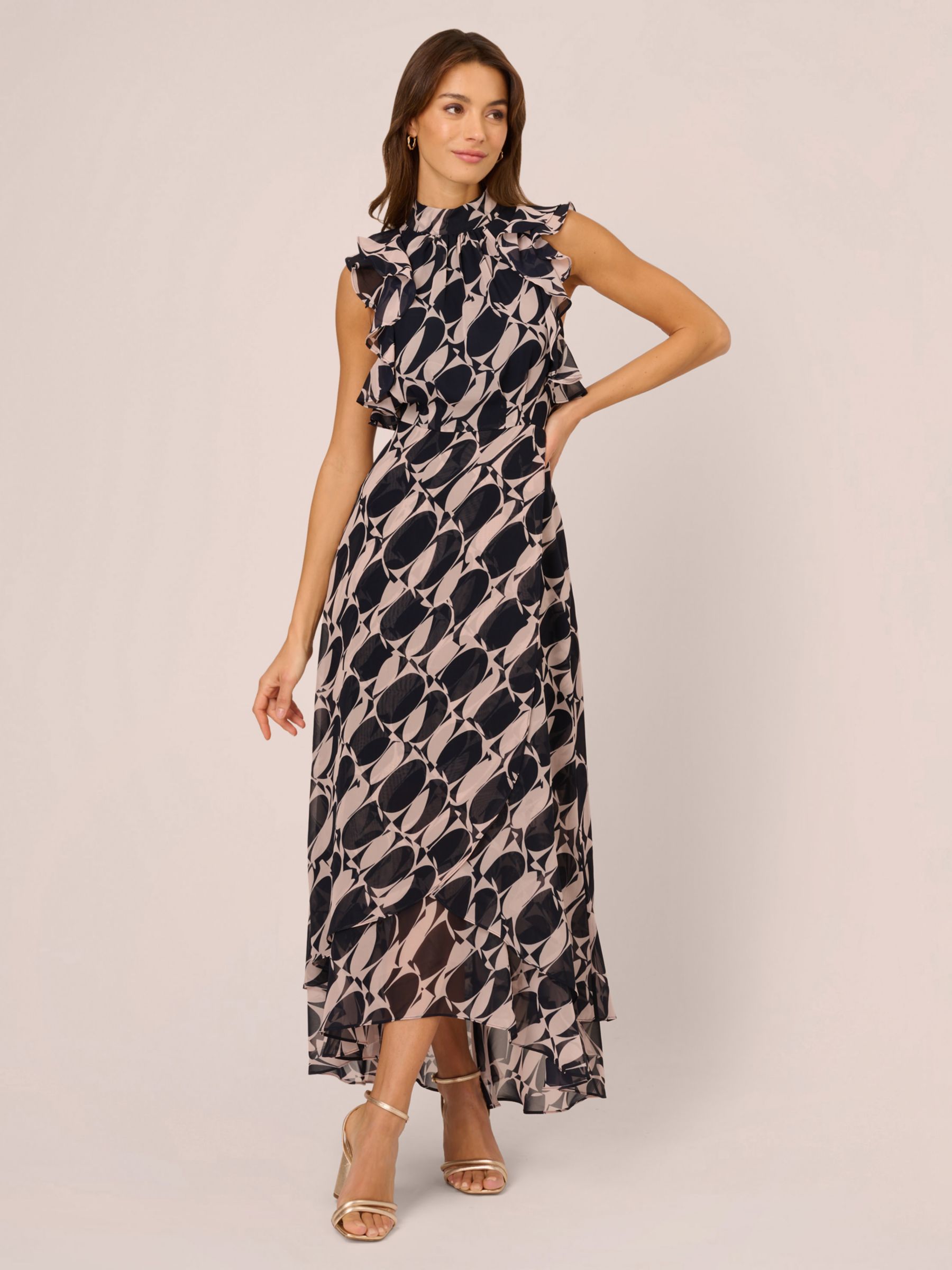 Adrianna Papell Abstract Print Frill Maxi Dress, Navy/Blush at John ...