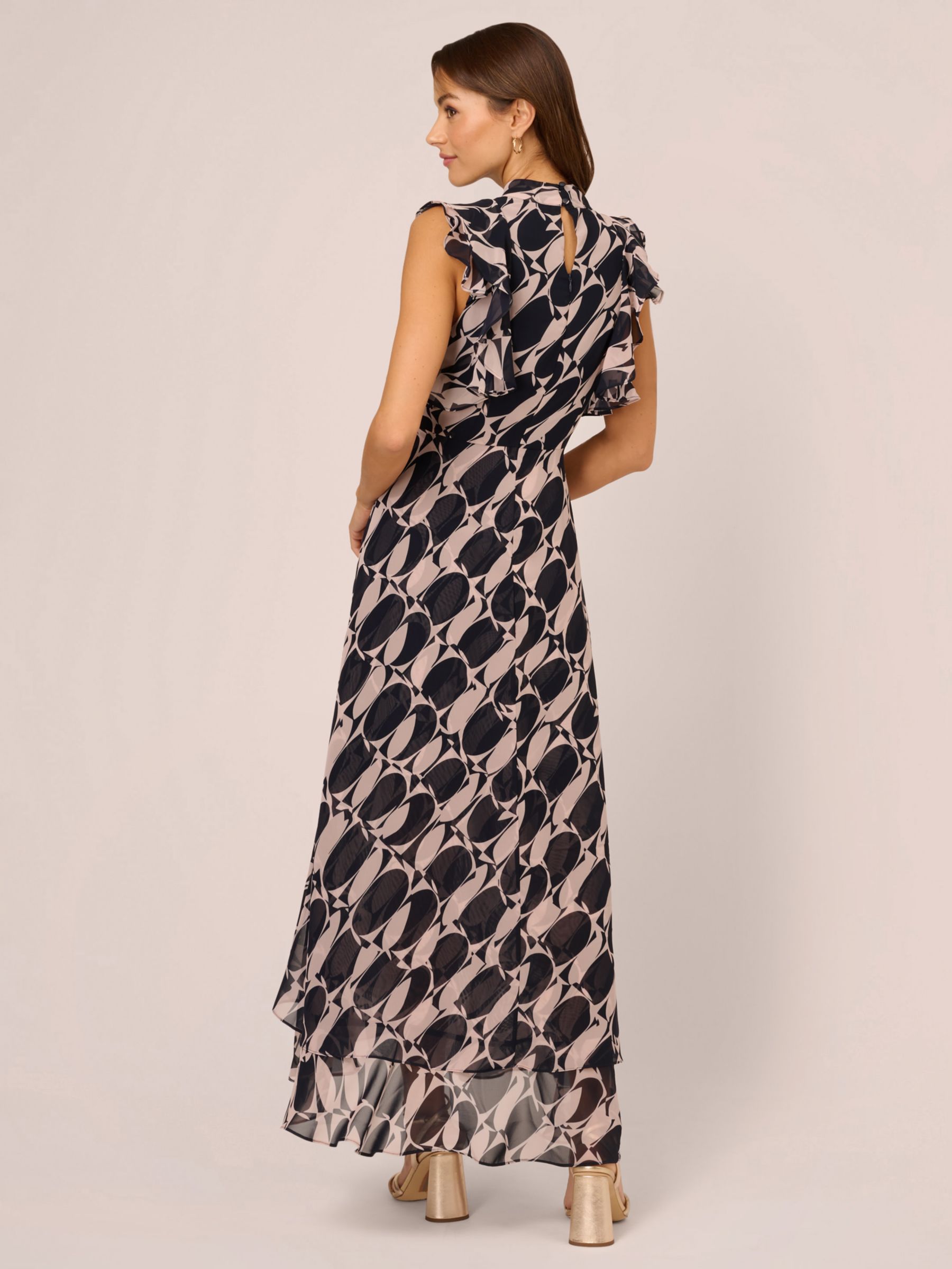 Adrianna Papell Abstract Print Frill Maxi Dress, Navy/Blush, 6