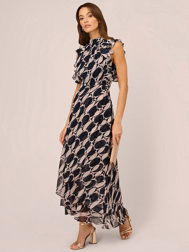Adrianna Papell Abstract Print Frill Maxi Dress, Navy/Blush