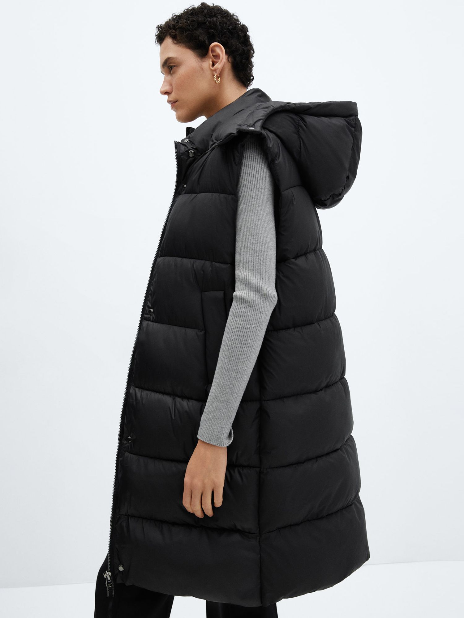 Mango Tornado Quilted Hooded Gilet, Black, S