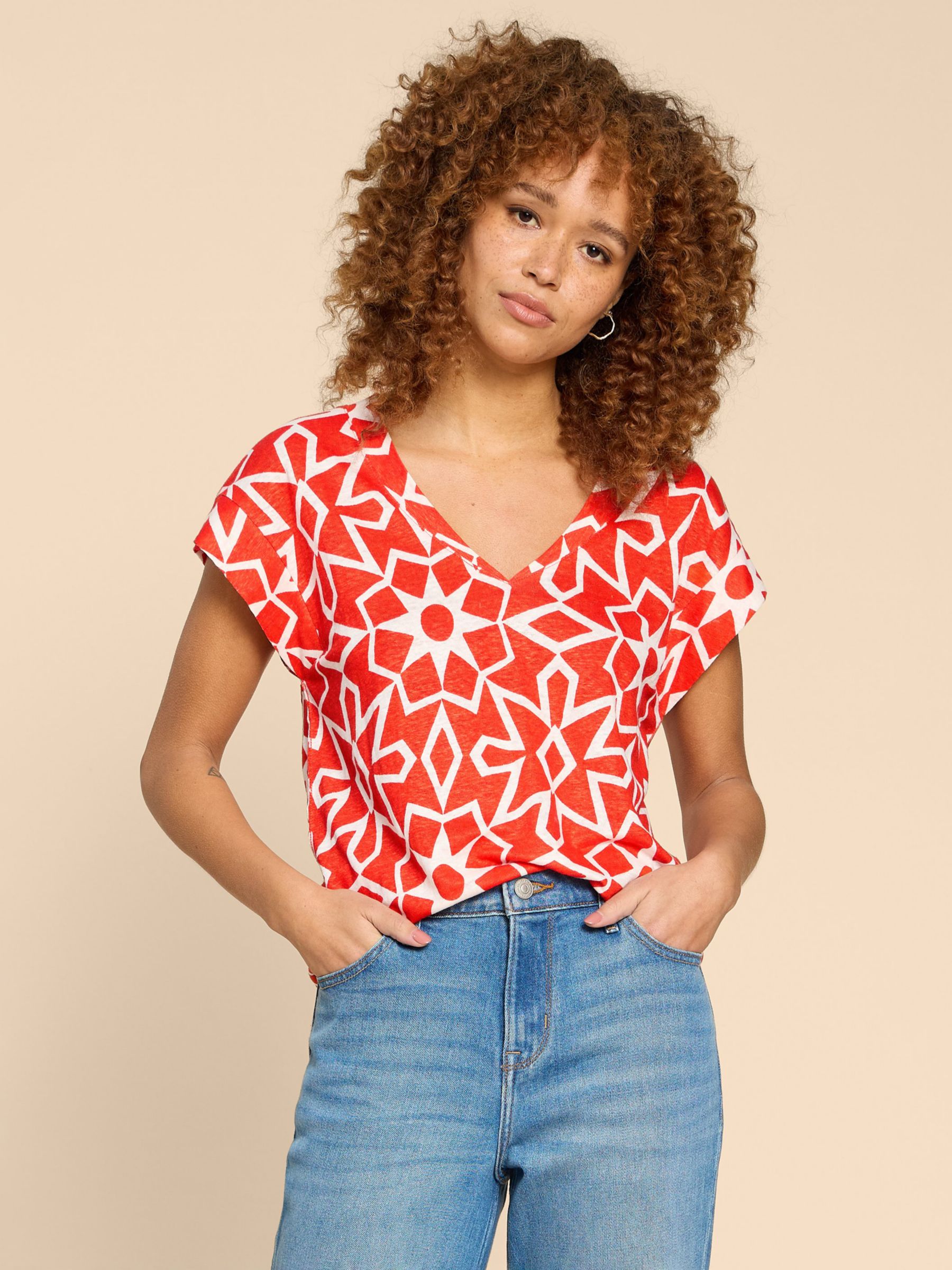 White Stuff Ivy Abstract Print Linen T-Shirt, Red, 12