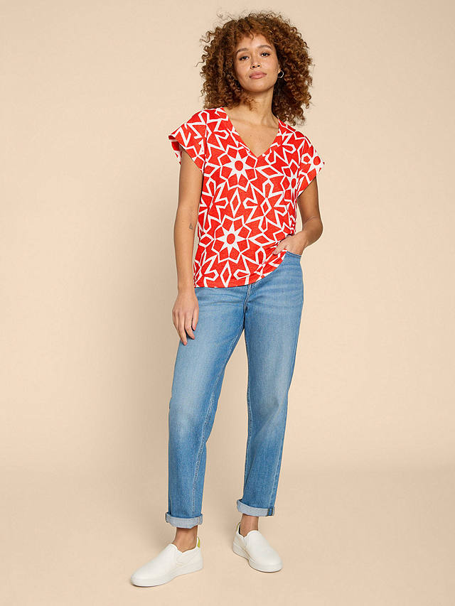 White Stuff Ivy Abstract Print Linen T-Shirt, Red