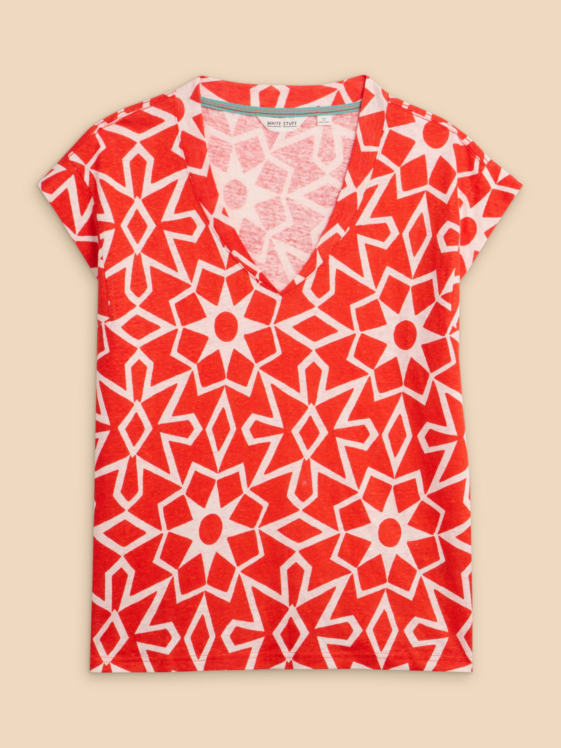 White Stuff Ivy Abstract Print Linen T-Shirt, Red, 12