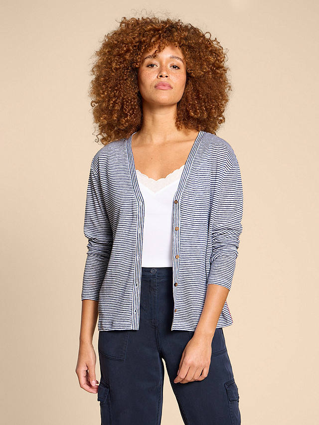 White Stuff Fara Stripe Linen Cardigan, White/Navy