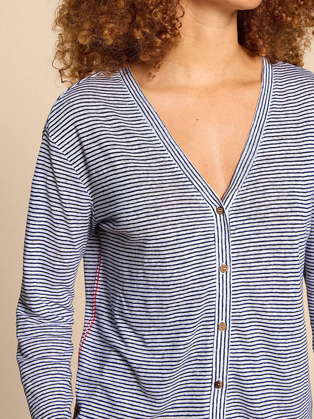 White Stuff Fara Stripe Linen Cardigan, White/Navy