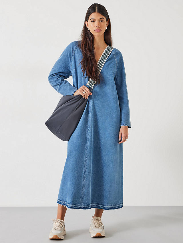 HUSH Marina V-Neck Maxi Denim Dress, Mid Authentic Blue