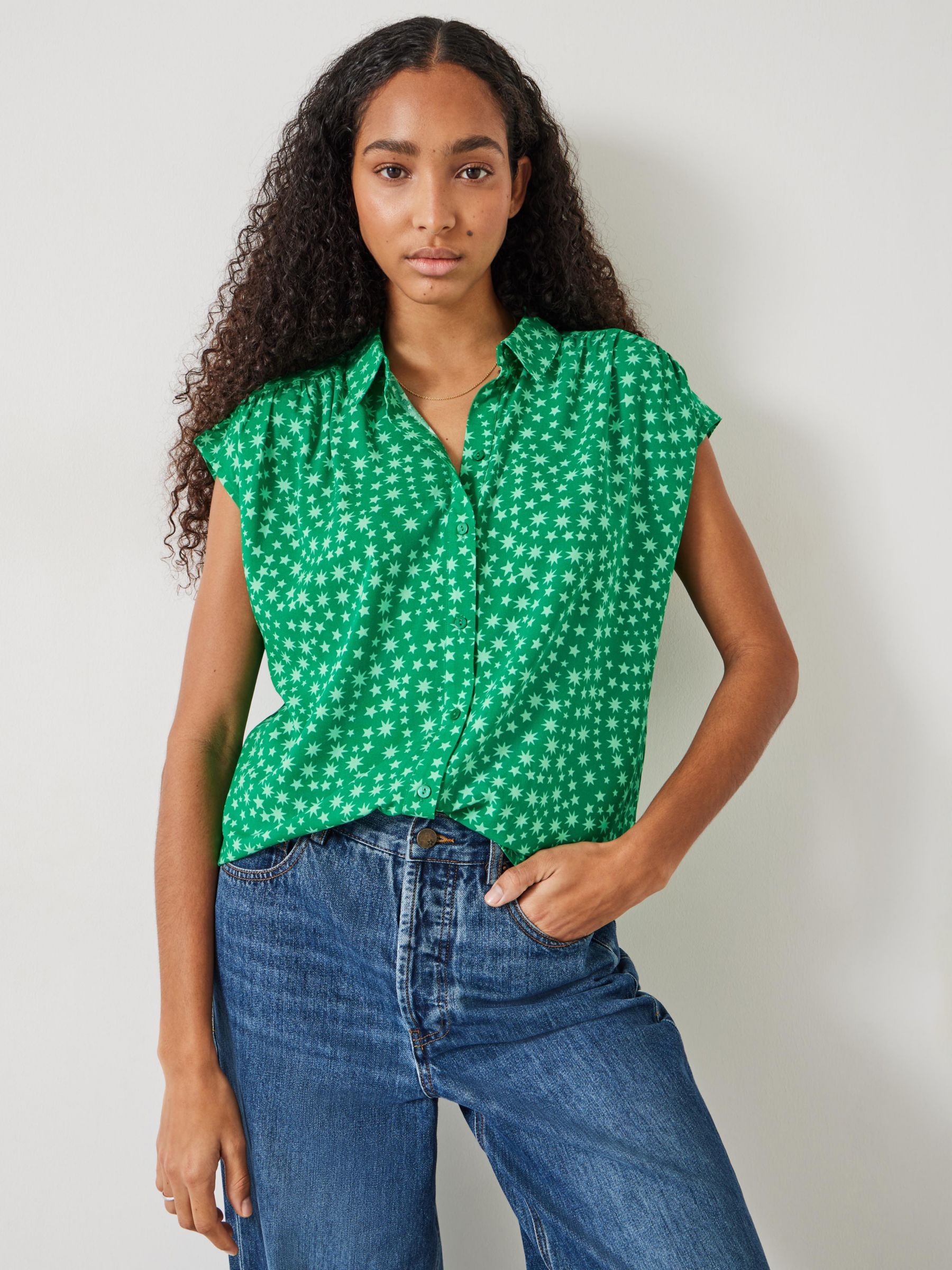 HUSH Selena Cap Sleeve Multi Star Shirt, Green at John Lewis & Partners