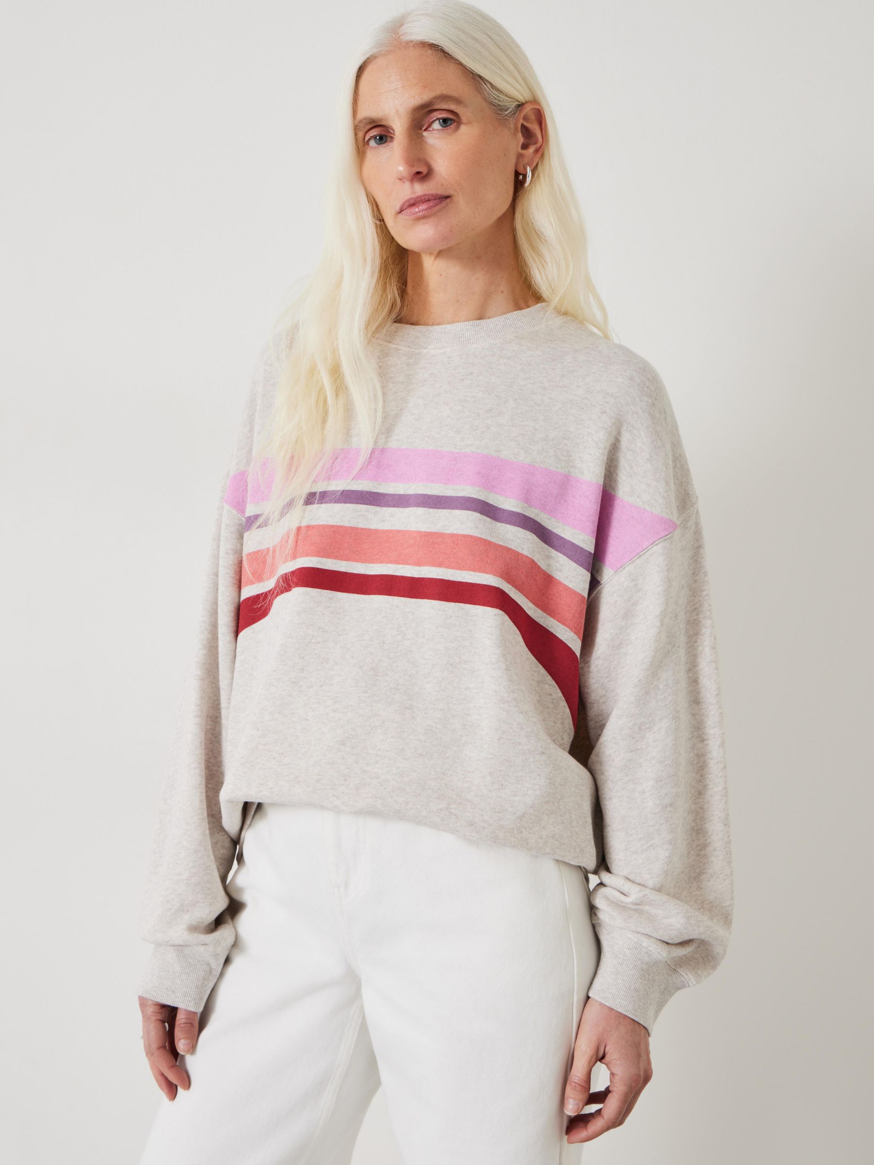 HUSH Eden Stripe Oversized Cotton Sweatshirt, Oatmeal Marl/Multi, M
