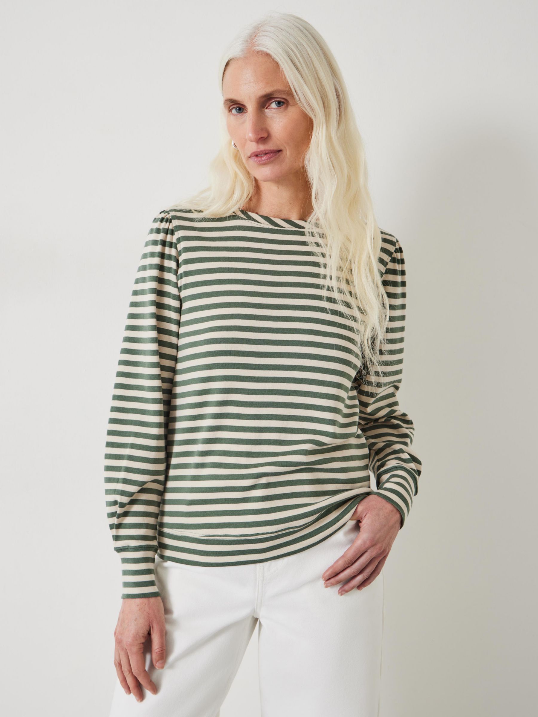 HUSH Emily Striped Puff Sleeve Top, Moss Green at John Lewis & Partners