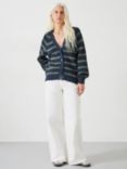 HUSH Rae Striped Button Through Cotton Cardigan, Navy/Green, Navy/Green