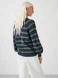 HUSH Rae Striped Button Through Cotton Cardigan, Navy/Green