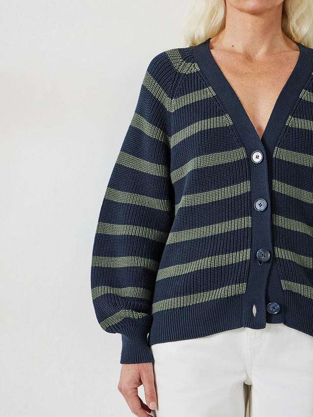 HUSH Rae Striped Button Through Cotton Cardigan, Navy/Green