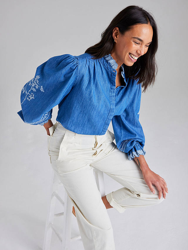 Cape Cove Cow Parsley Embroidered Denim Blouse, Blue